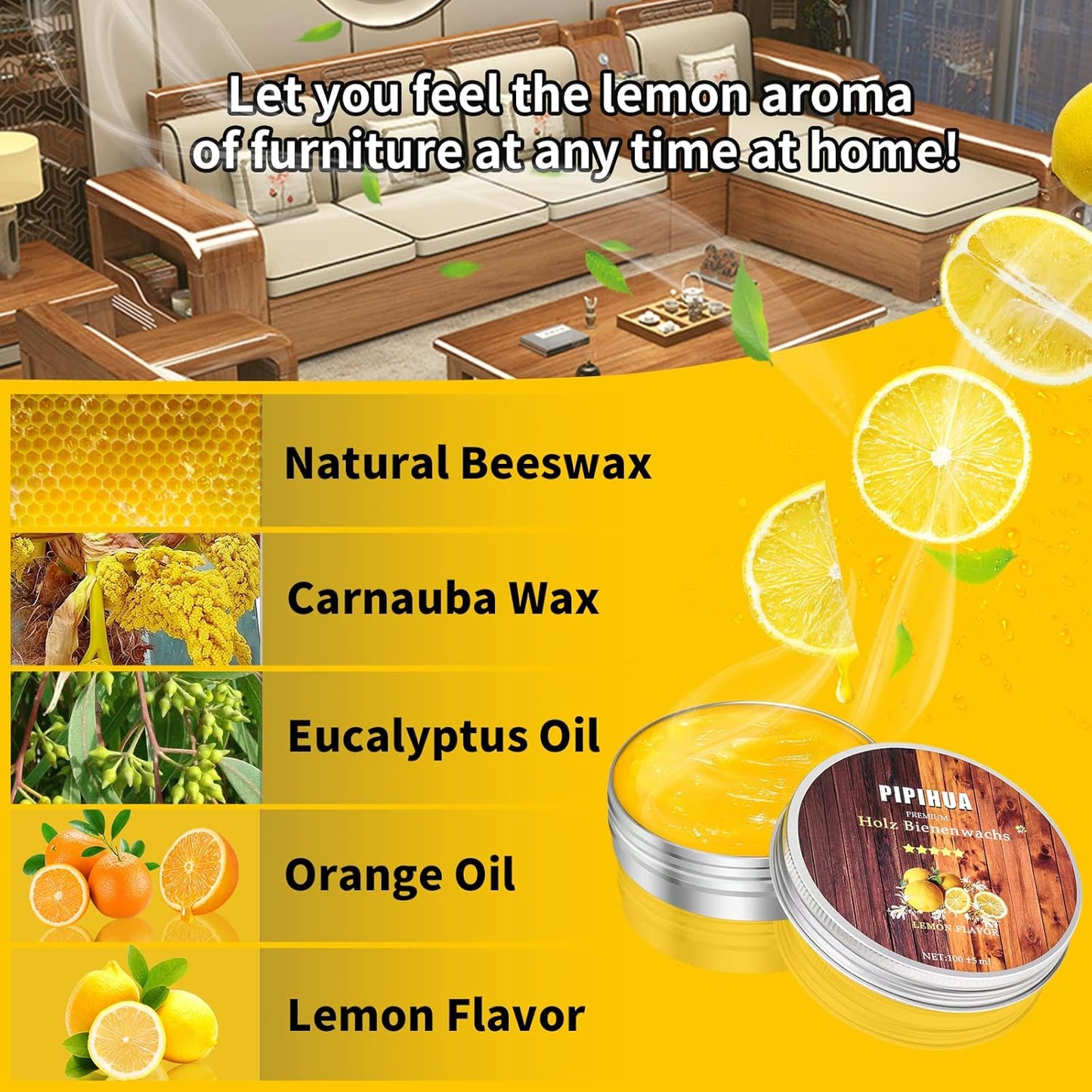 PIPIHUA Beeswax Polish and Conditioner for Wood Furniture - Waterproof & Restorer Wood Wax, Multipurpose Beeswax Furniture Polish and Cleaner for All Types and Colours, Lemon(2×100g with 3 Sponges)