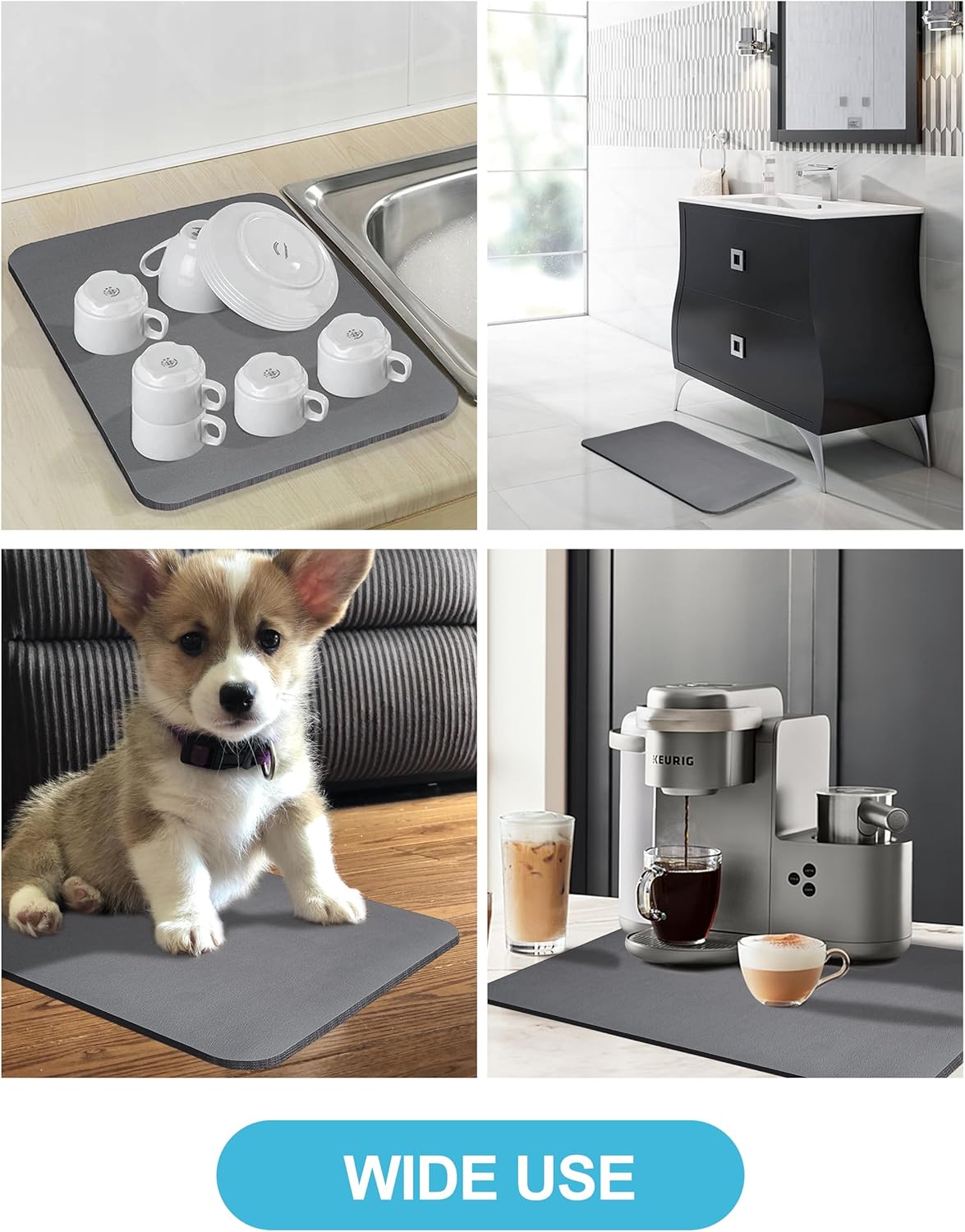 Dish Drying Mat for Kitchen Counter, 17"x31.5" Dish Drying Pad with Non-slip Rubber Backed, Hide Stain Anti Absorbent for Kitchen Counter, Drying Mat for Coffee Machine Dish Rack (Grey)