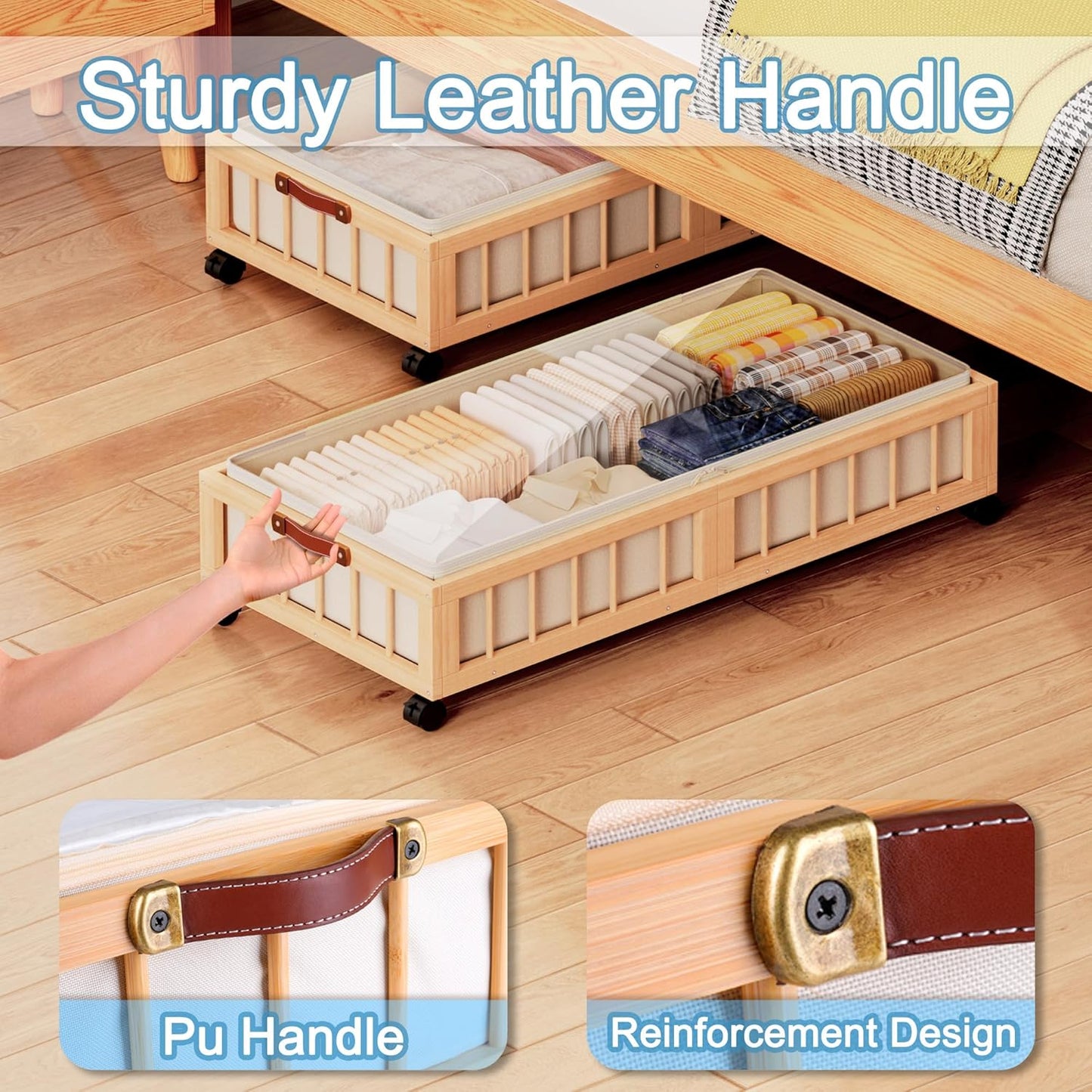 efluky 2-Pack Bamboo Under Bed Storage with Wheels, Rolling UnderBed Storage Basket with Large Dust Bag, Under Bed Storage Containers for Bedroom, Dorm and Basement, Nature