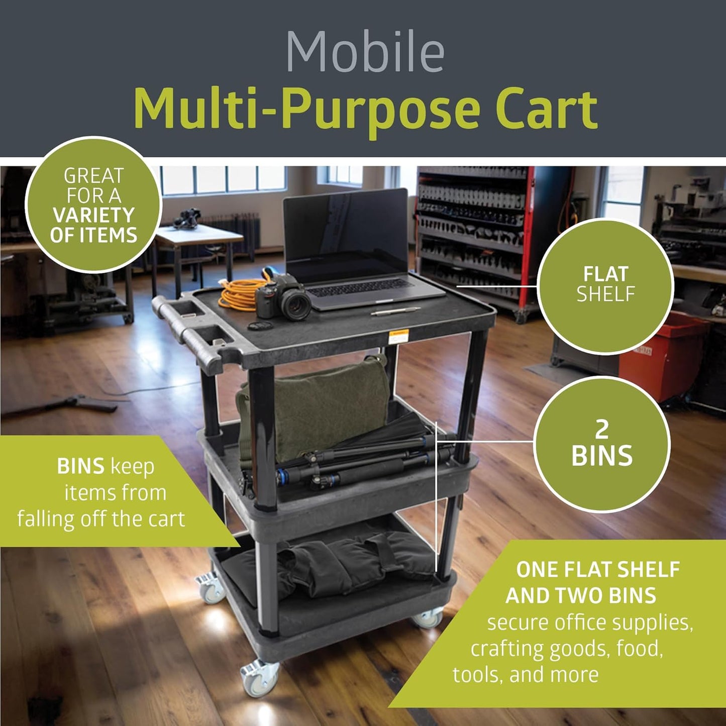 Pearington 3-Shelf Multipurpose Mobile Utility Cart with 2 Bins and Lockable Wheels, Heavy-Duty Plastic Rolling Presentation Cart for Offices and Warehouses, Black