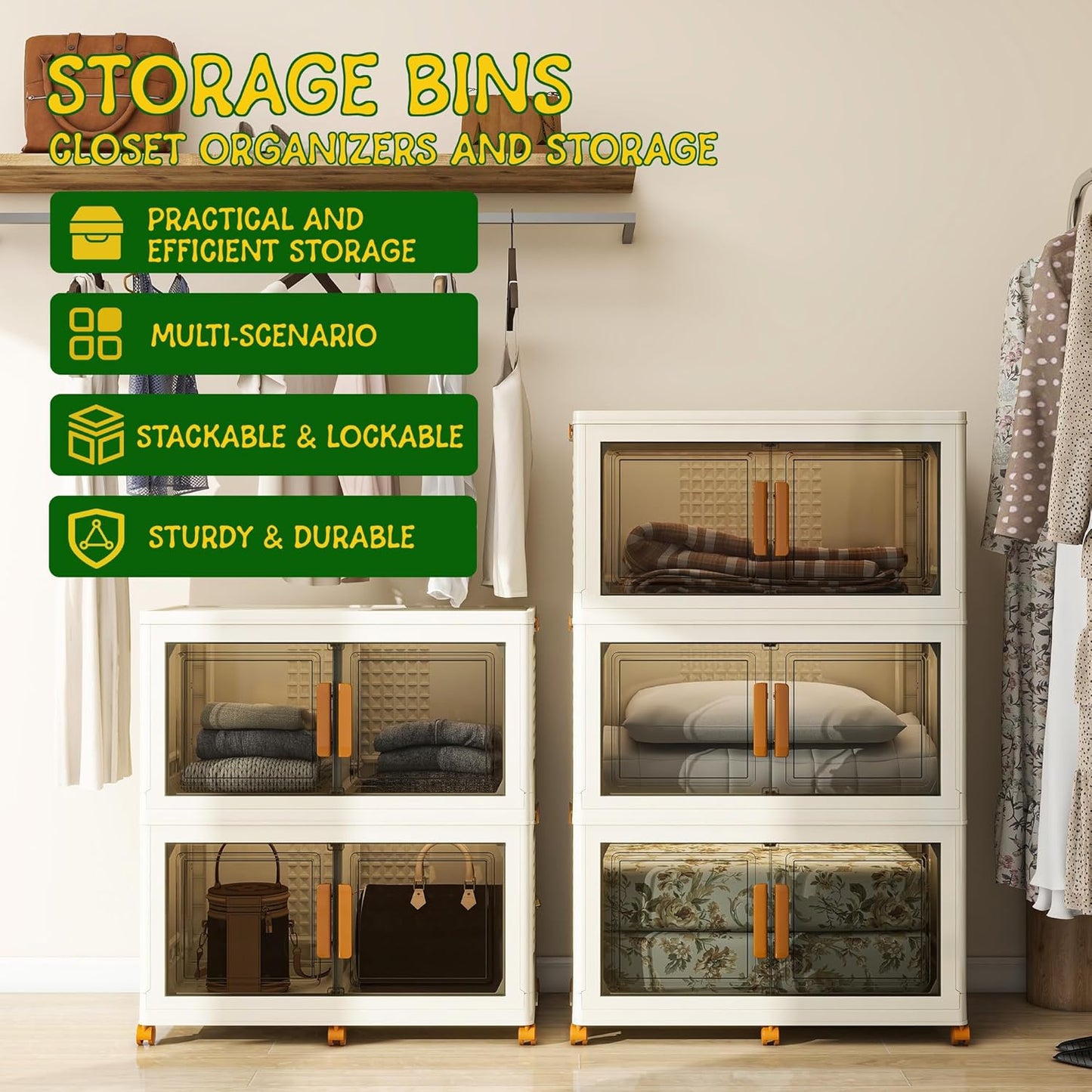 2 Tier Extra Large Stackable Storage Bins with 1 Lid 205 QT/Tier, Collapsible Plastic Box Storage with Wheels, Home Containers Boxes Closet Organizers for Living Room, Office, Dorm