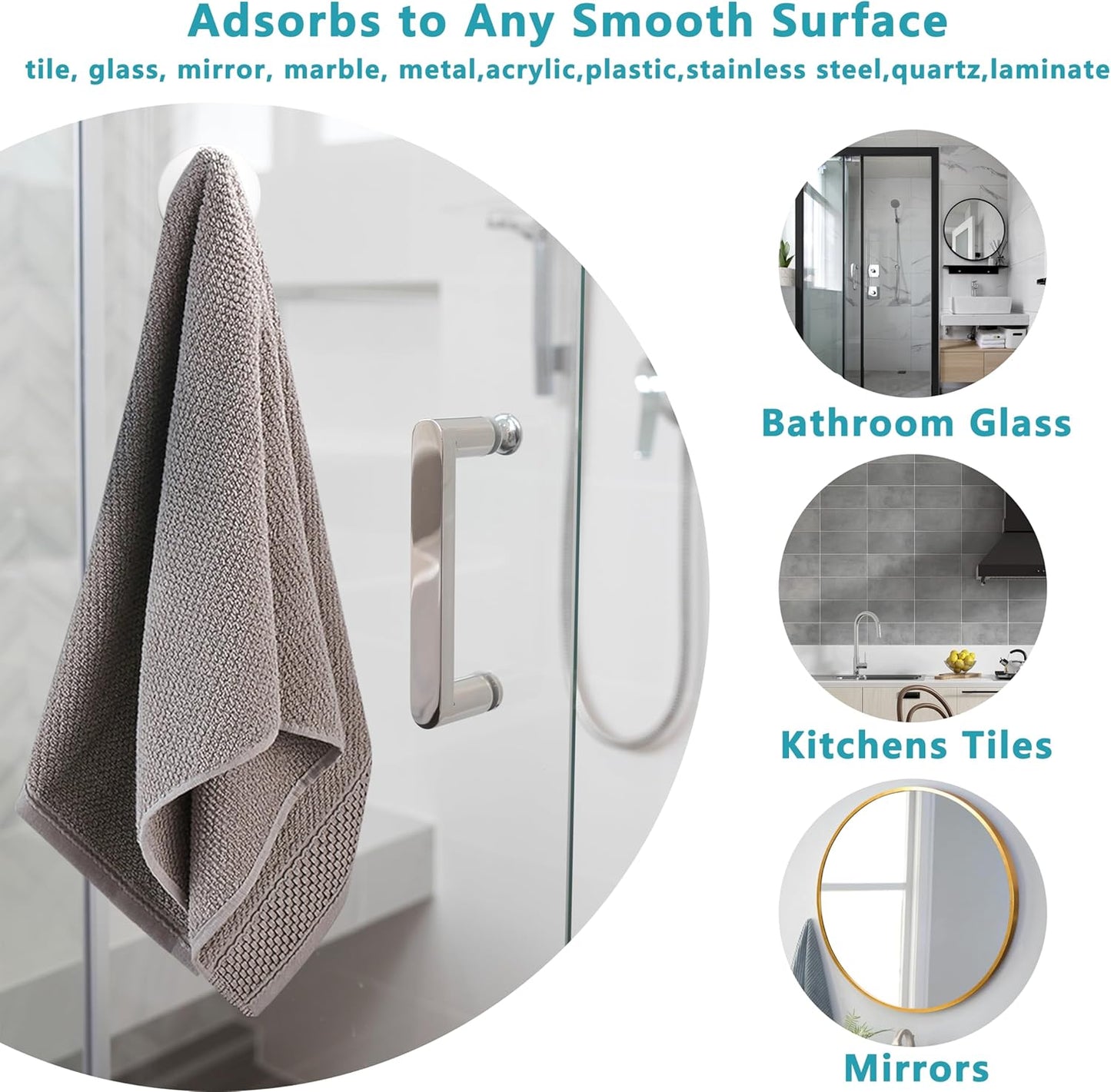 Suction Cup Hooks for Shower,Removable No Drill Towel Hooks,Upgraded 15 lbs Strong Suction hooks for Bathroom Tile,Shower Wall,Glass Door,Kitchen-Loofah,Coat,Stainless Waterproof-White 2 Pcs