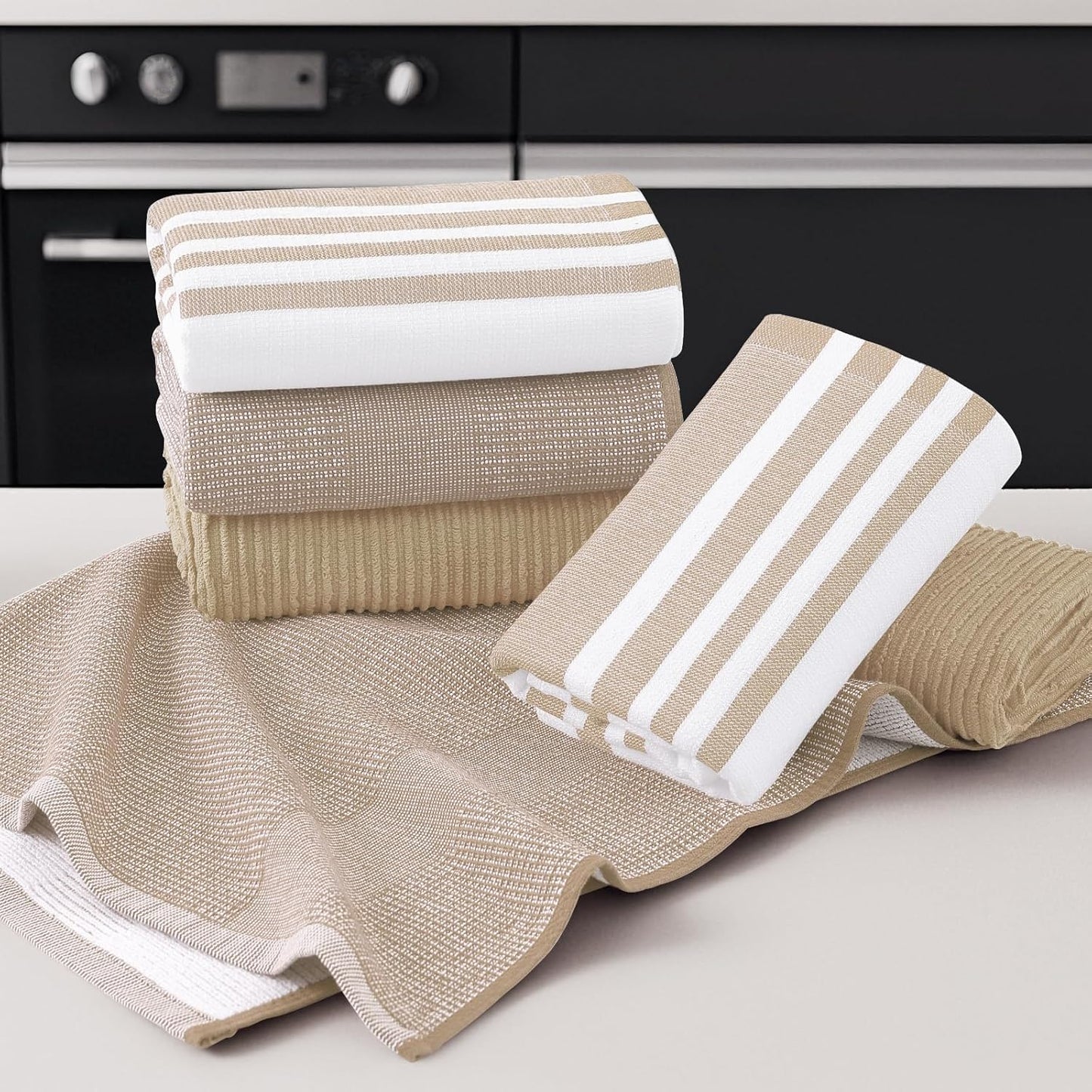 Homaxy Premium Kitchen Towels(18”x 28”, 3 Pack), Large Cotton 380 GSM Kitchen Hand Towels, Soft and Absorbent Terry Dish Towels, Multipurpose Tea Towel Set with Hanging Loop, Khaki