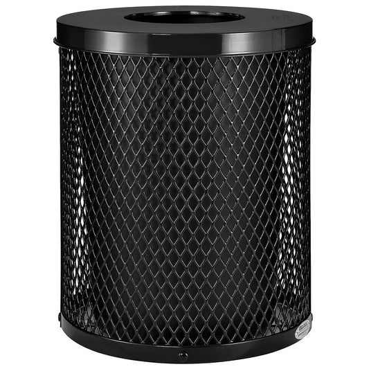 Global Industrial Outdoor Diamond Steel Trash Can with Flat Lid and Plastic Liner, 36 Gallon Capacity, Black, Thermoplastic Coating, 23-1/2" Diameter, 30" H