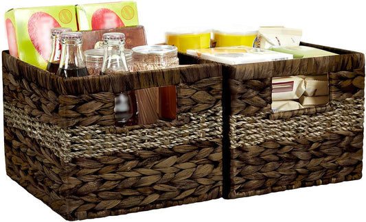 Water Hyacinth Wicker Basket, Decorative Woven Baskets with Built-in Handles, Hand-woven Storage Organizer for Organizing Pantry, Livingroom, Bedroom, Shelves, Toilet(2-PACK, Brown)