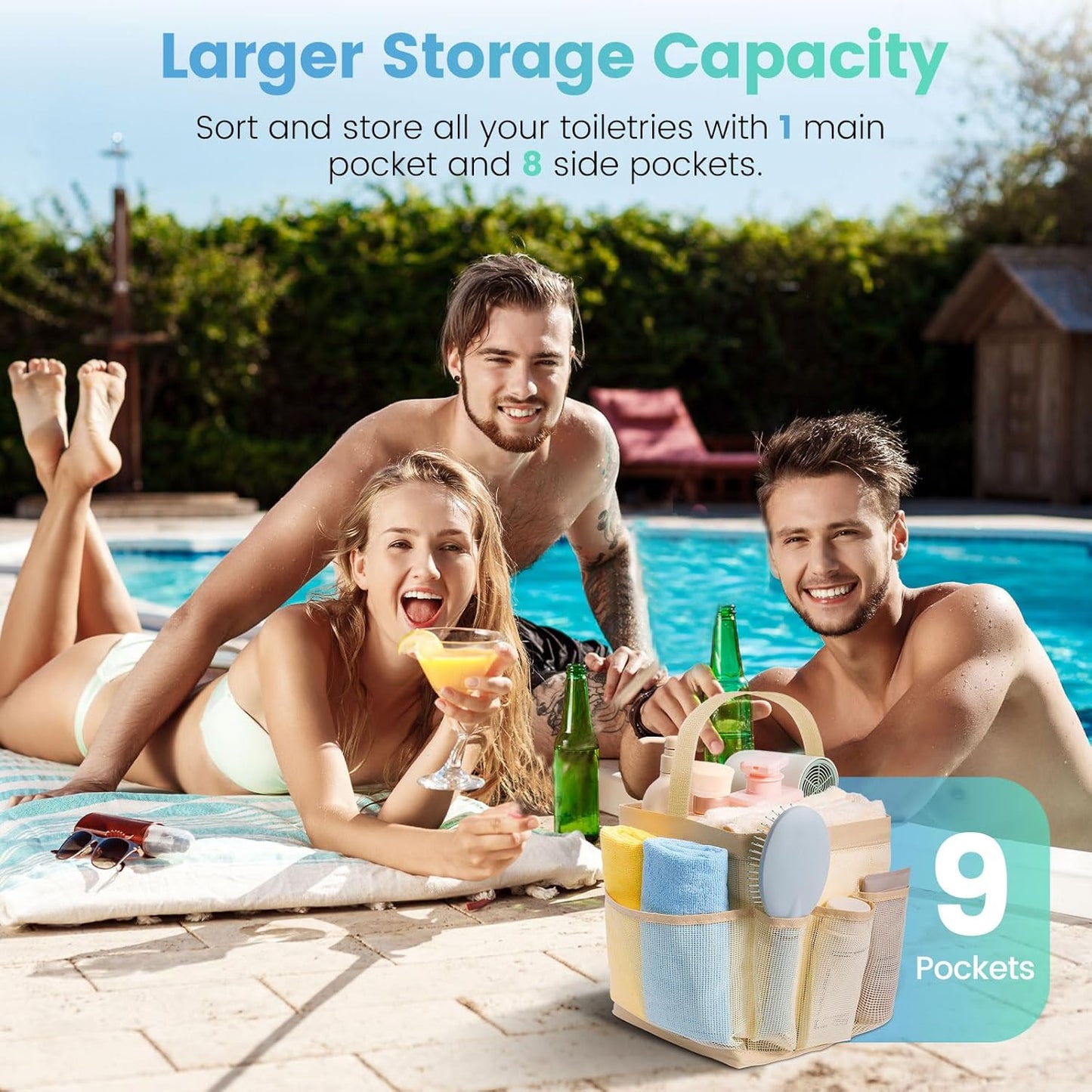 Mesh Shower Caddy for College Dorm Room Essentials for Girls with 9 Pockets,Large-Capacity Shower Basket,Quick Dry Toiletry Tote Bag for Women,Outdoor Gym,Travel,Swim,Beach Camping Essentials-Beige