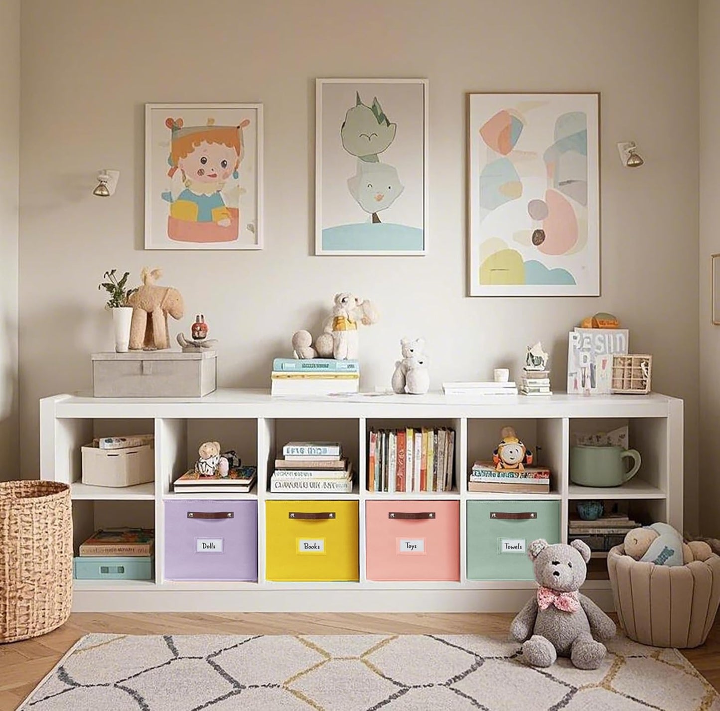 DECOMOMO Storage Baskets, 13x15x13 Storage Cube Bins with Labels for Organizing Shelves Kallax (Kallax / 4pcs, Rainbow)