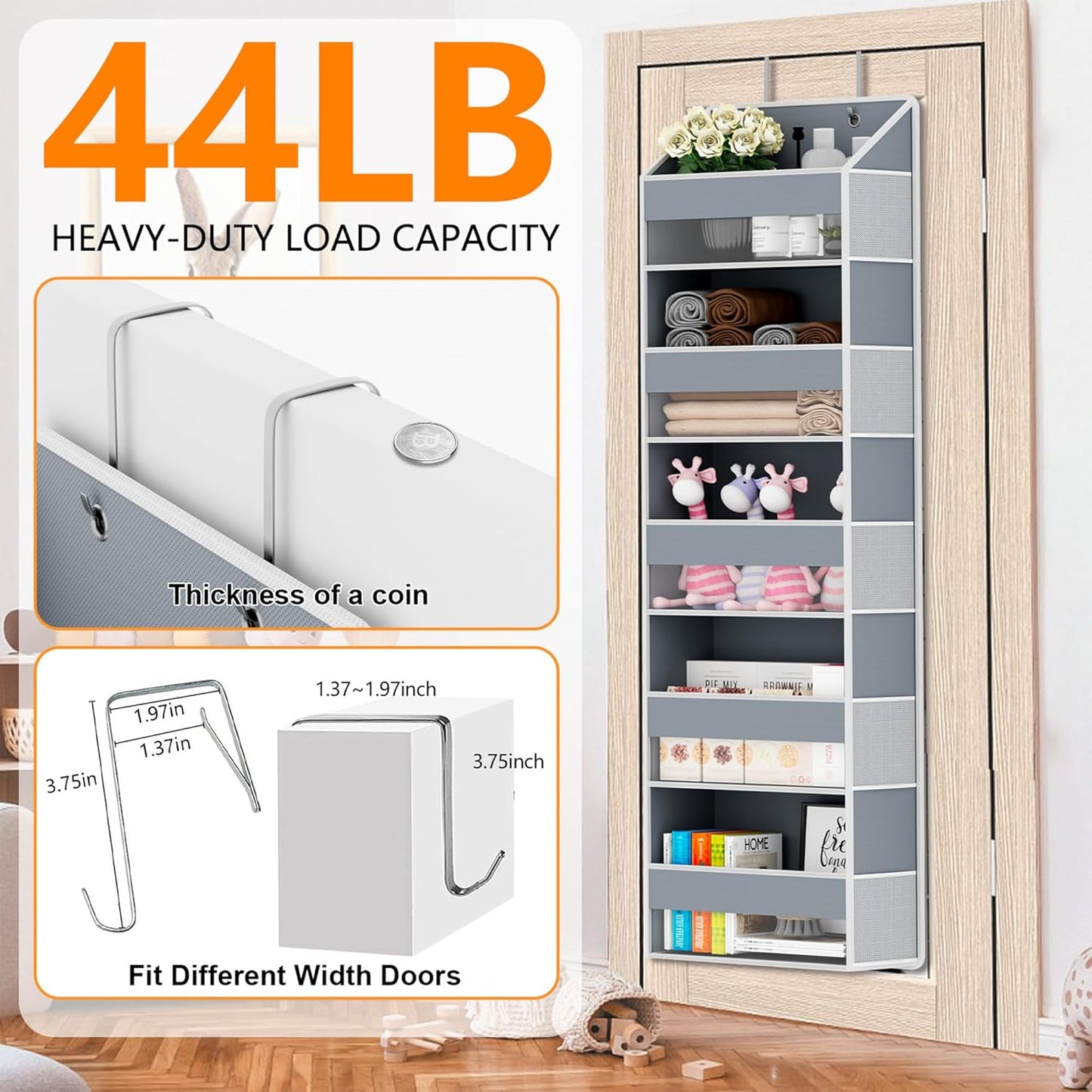 Over The Door Organizer - Over Door Storage Organizer with 5 Large Pockets & 10 Mesh Side Compartments - Heavy-Duty Hanging Storage for Bathroom, Bedroom & Closet - Baby Room Organize Solution