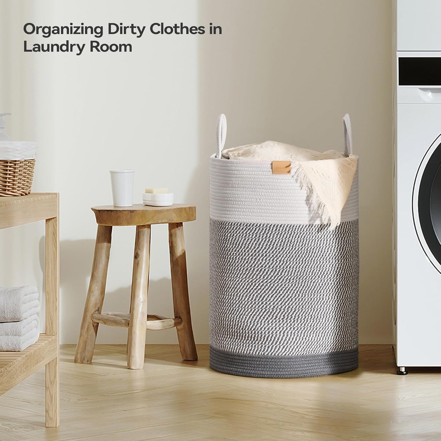 Laundry Hamper 75L,Large Laundry Basket for Clothes,Decorative Storage Basket for Blankets,Cotton Rope Woven basket for bedroom,Grey White