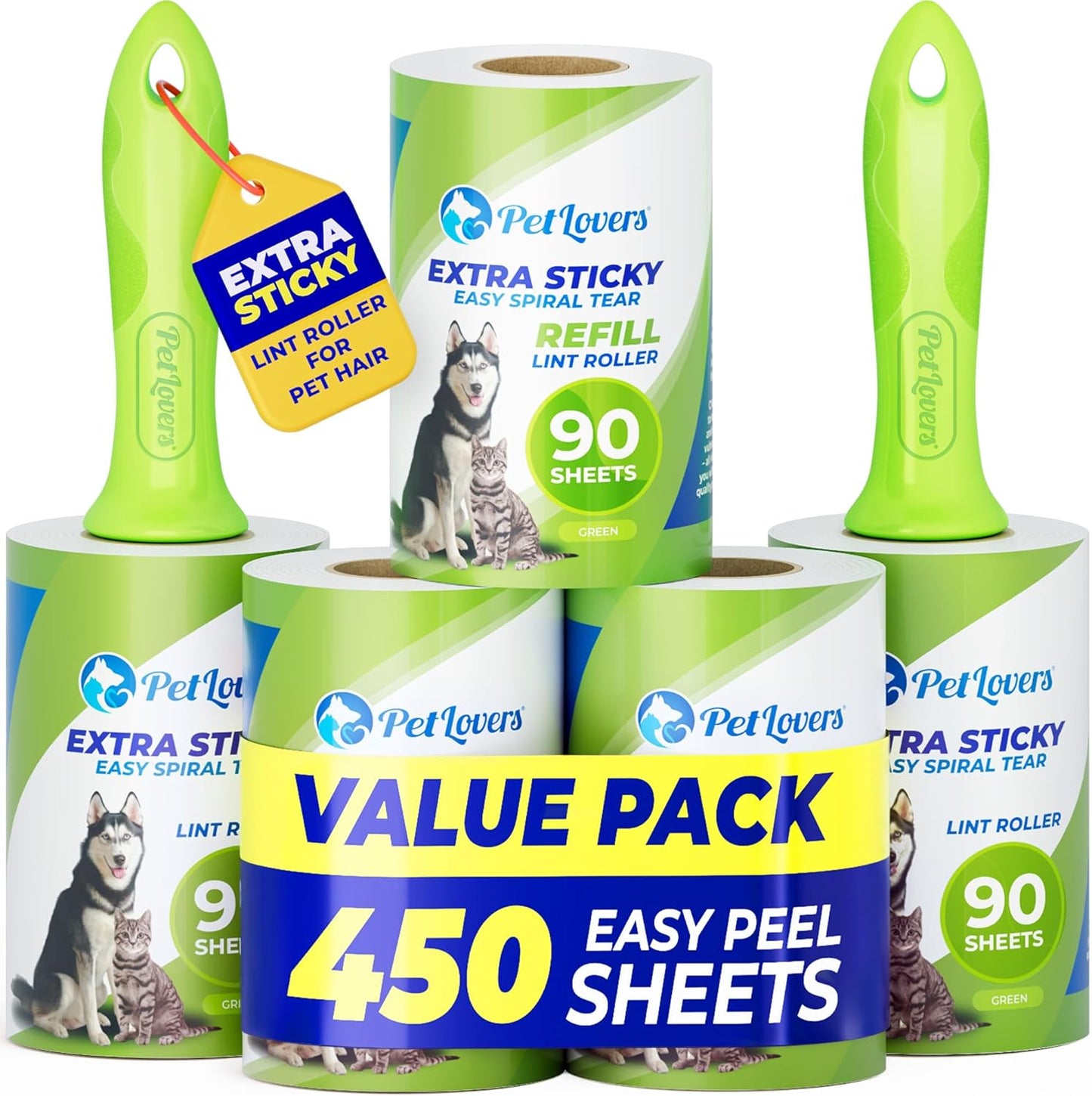 PetLovers Extra Sticky Lint Roller Mega Value Set 450 Sheets for Pet Hair Removal and Clothes, Dog and Cat Lint Remover 5 Pack Green