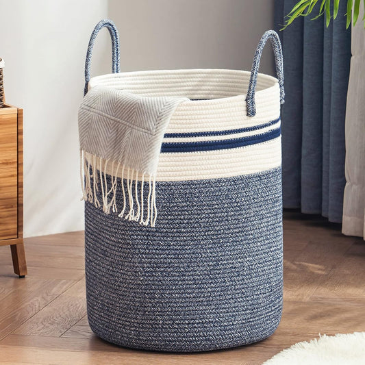 YOUDENOVA Woven Rope Laundry Hamper Basket, 72L Tall Laundry Basket, Baby Nursery Hamper for Blanket Storage in Bedroom-Large-Blue