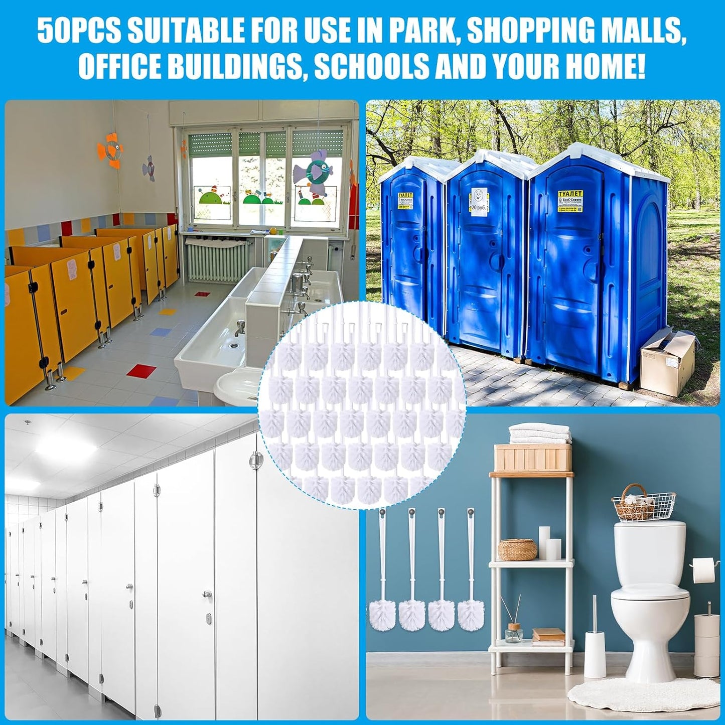 Mimorou 50 Pcs White Toilet Brush, Bathroom Toilet Bowl Brush, Soft Bristle Long Handle Plastic Toilet Scrubber for Bathroom