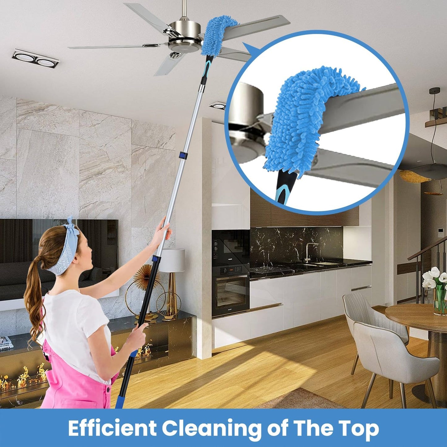 20ft High Ceiling Duster Kits with 5-12ft Heavy Duty Extension Pole - Fan Blade Cleaner, Cobweb Remover & Blue Window Squeegee Kit, Washable Dust Brush for High Roof and Glass Surfaces