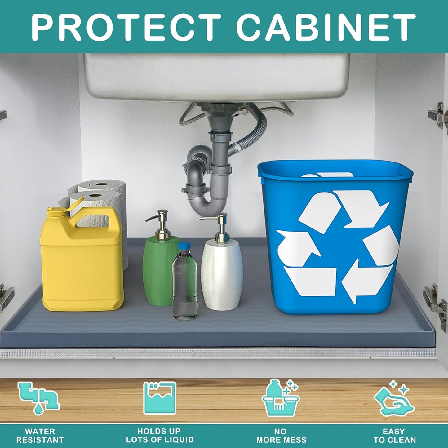 URMONA Waterproof Silicone Under Sink Mat 16'' x 10'' Shelf Liner for Kitchen and Bathroom, Cabinet and Counter Protector, Storage and Organizers, Litter Mat, Pet Cat Puppy Essentials(Light Grey)