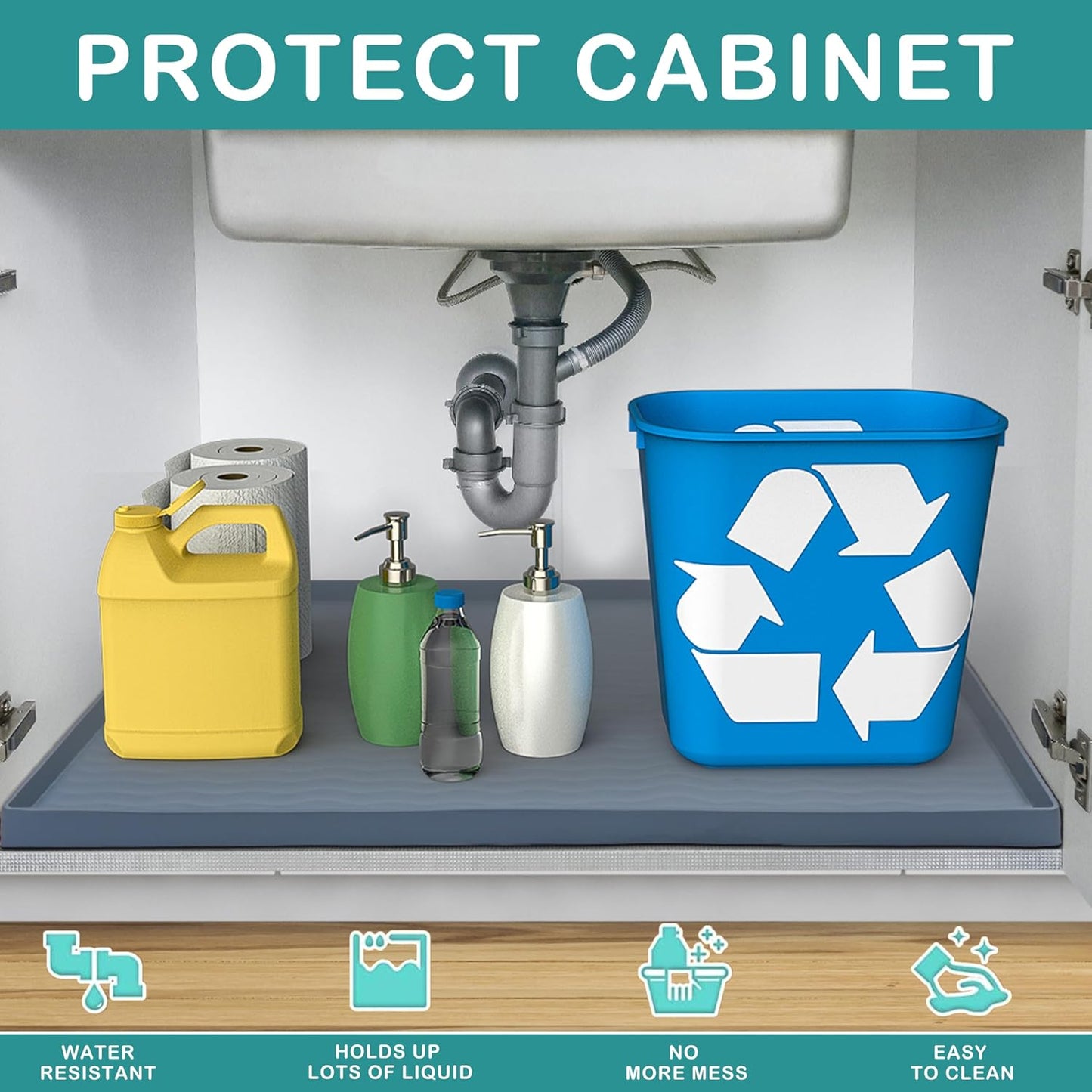 URMONA Waterproof Silicone Under Sink Mat 16'' x 10'' Shelf Liner for Kitchen and Bathroom, Cabinet and Counter Protector, Storage and Organizers, Litter Mat, Pet Cat Puppy Essentials(Cream)