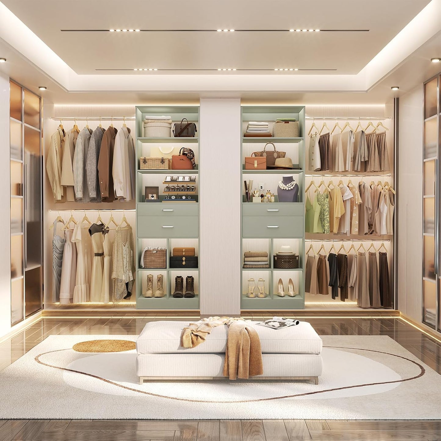 Closet System, 4-8 FT Closet Organizer Tower with 2 Wooden Drawers and Shelves, Can Fit 60 to 96 inch Walk-in Closet System with 5 Hang Rods, Built-in, Crab Green