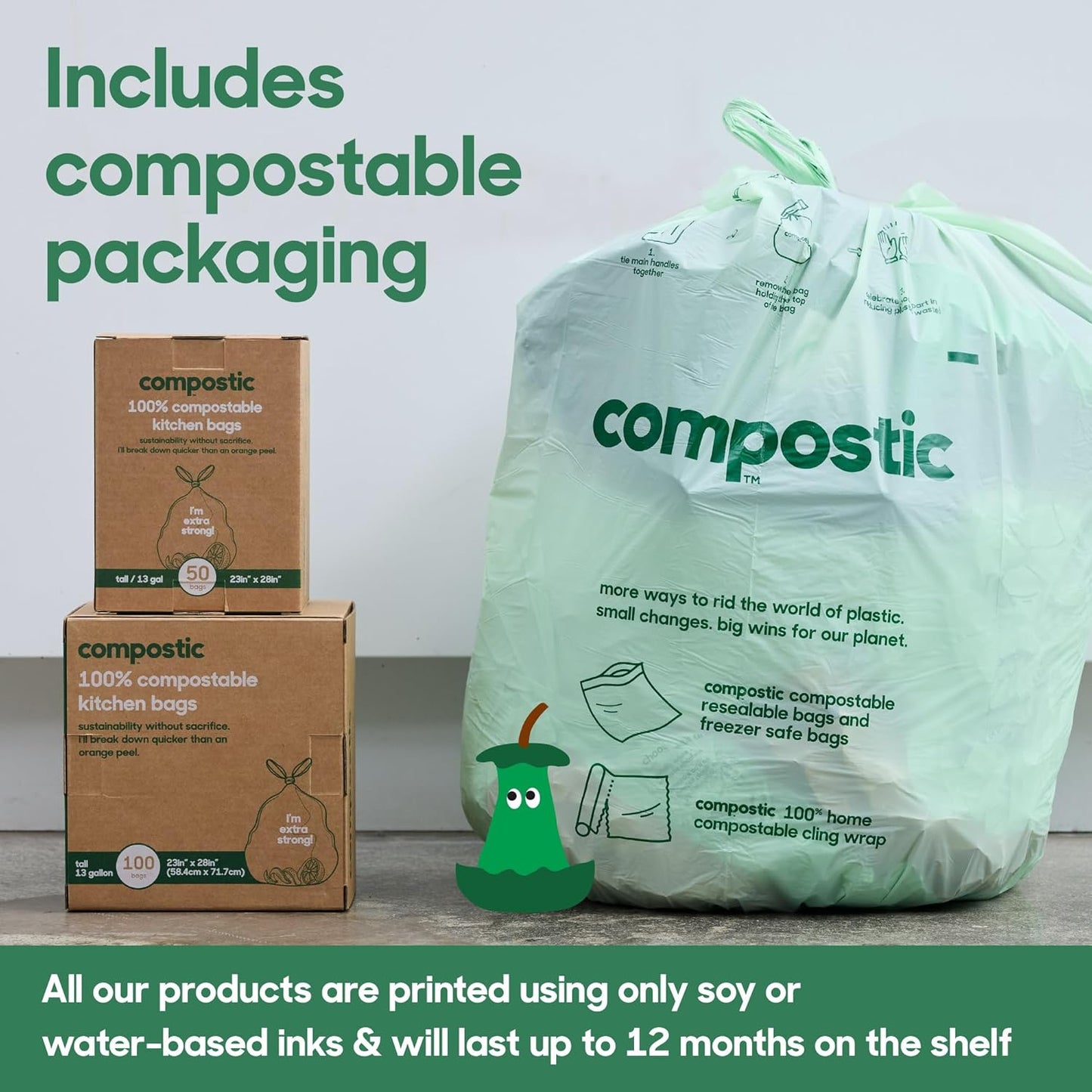 Compostic Home Compostable Trash Bags, 13 Gallon Tall Kitchen Rubbish Bags (23” x 29”), Extra Strong & Quickly Breaks Down, 100 Count