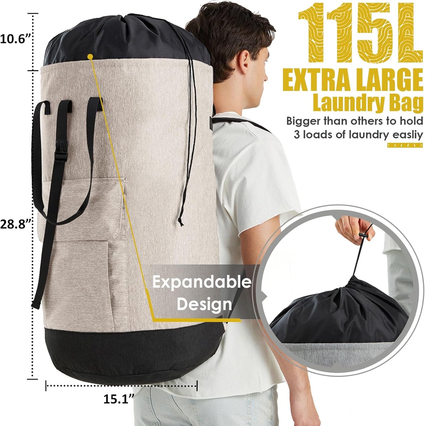 Laundry Bags Extra Large Heavy Duty, Laundry Backpack College 115L, Large Laundry Bag with Shoulder Straps, Big Dirty Clothes Bag for Dorm, Apartment and Laundromat, College Dorm Essentials for Guys