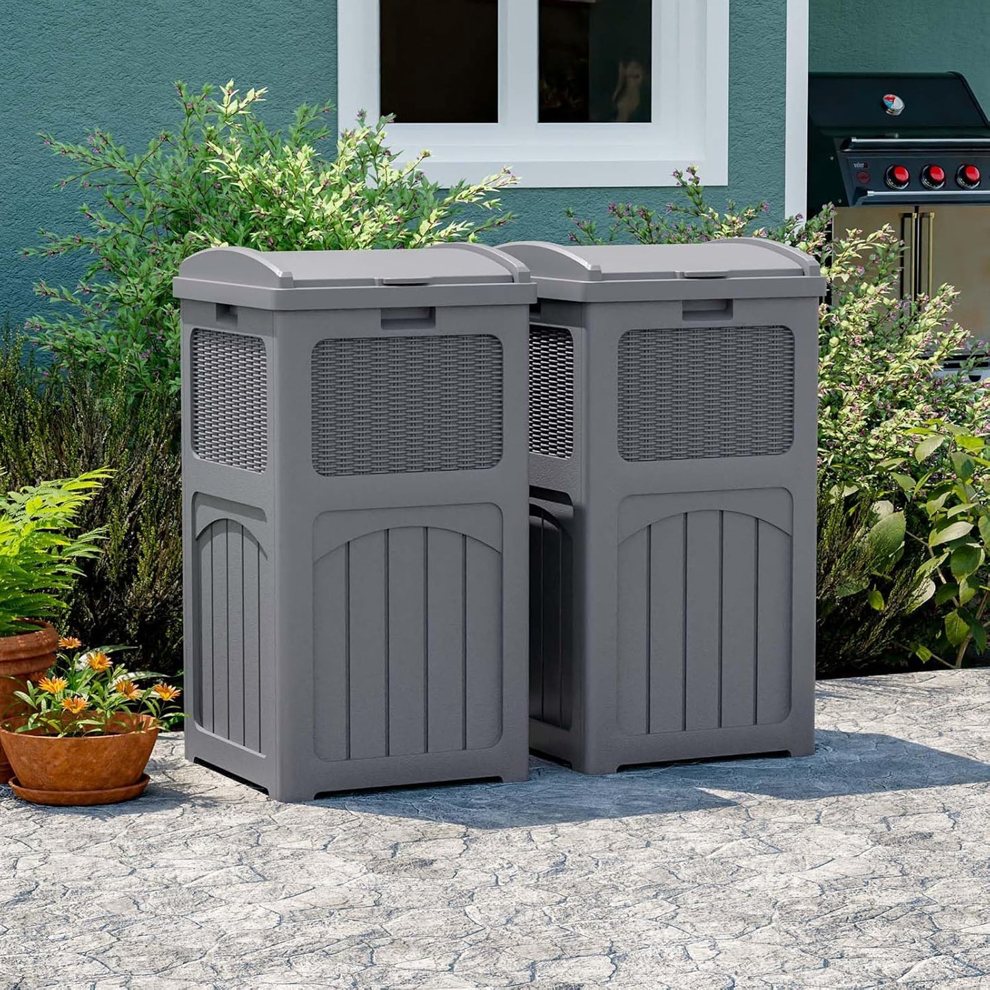 Patiowell 36 Gallon Outdoor Trash Can, Resin Outdoor Garbage Can with Lid for Patio, Backyard, Deck, Gray (2 Pack)
