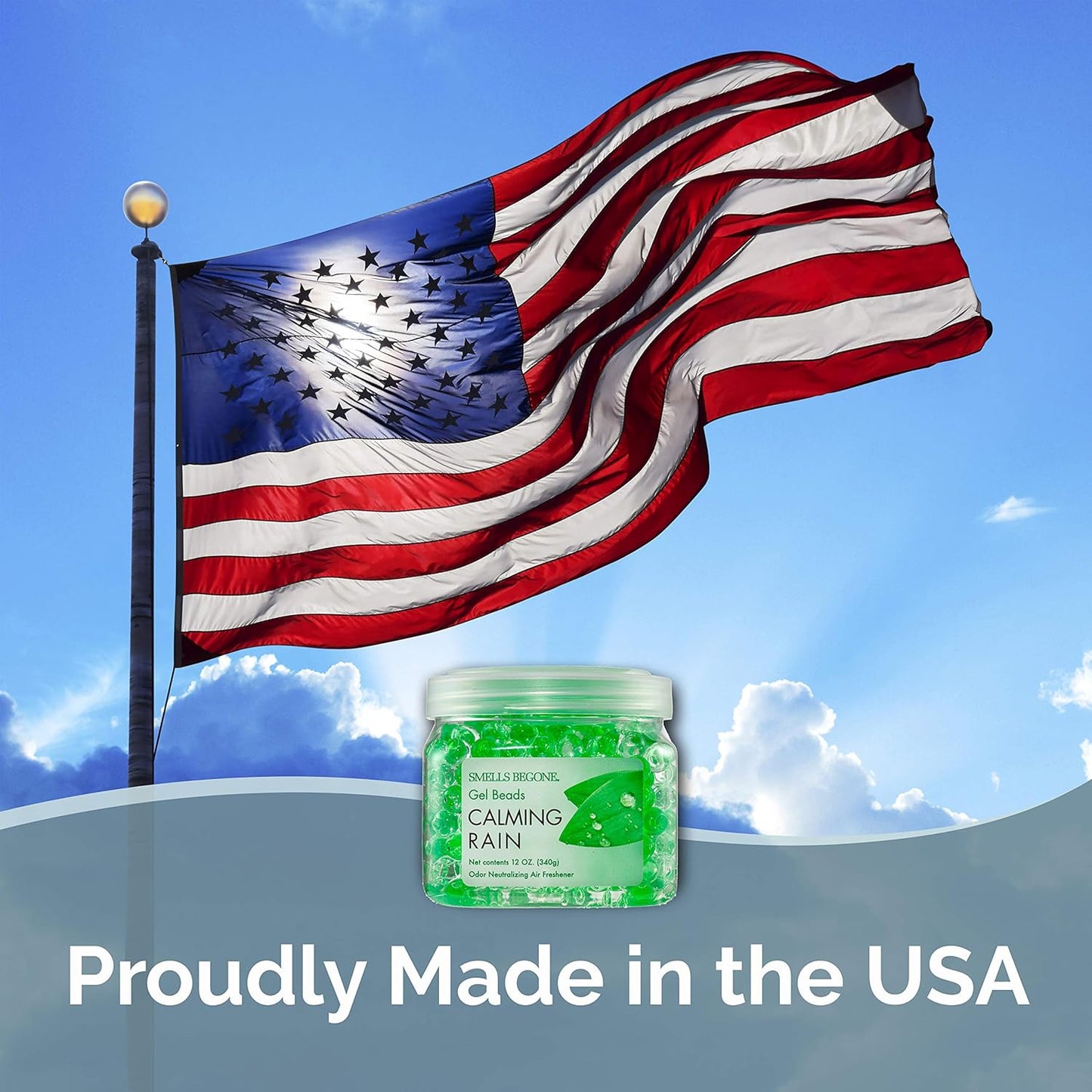 SMELLS BEGONE Odor Eliminator Gel Beads - Air Freshener - Eliminates Odor in Bathrooms, Cars, Boats, RVs and Pet Areas - Made with Essential Oils - Calming Rain Scent - 12 Ounce