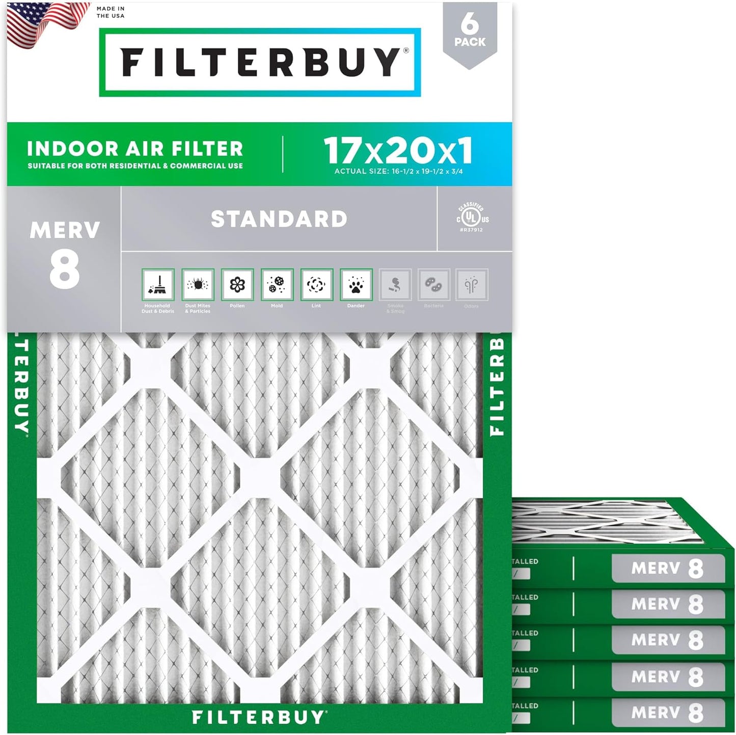 Filterbuy 17x20x1 Air Filter MERV 8 (MPR 700) Dust Defense Replacement (6-Pack), Electrostatic Pleated HVAC AC Furnace Filters, Made in USA (Actual Size: 16.50 x 19.50 x 0.75)