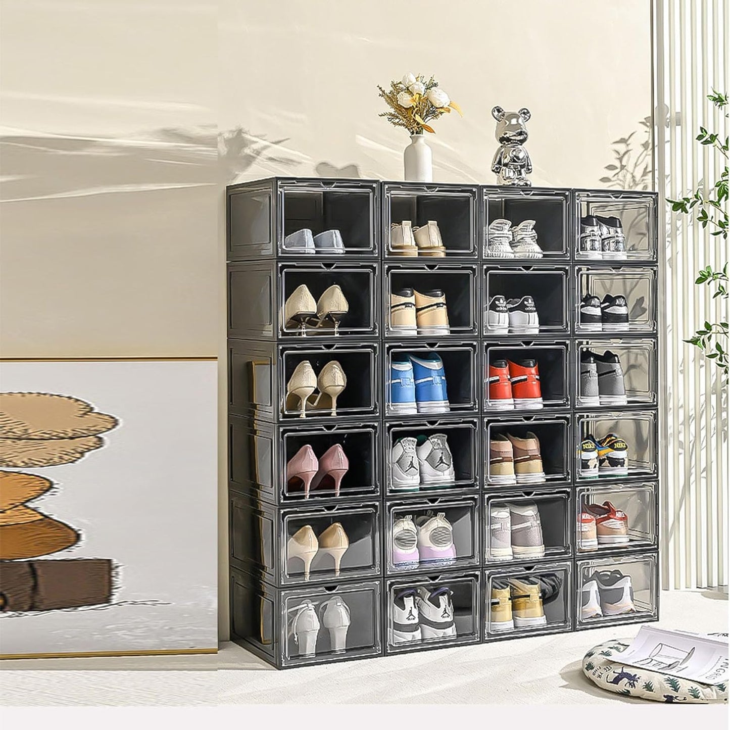 XXL Drop Front Shoe Storage Box Stackable, 8 Pack Shoe Display Case Fit US 15,Sneaker Storage Shoe Containers with Magnetic Door（8 PACK BLACK