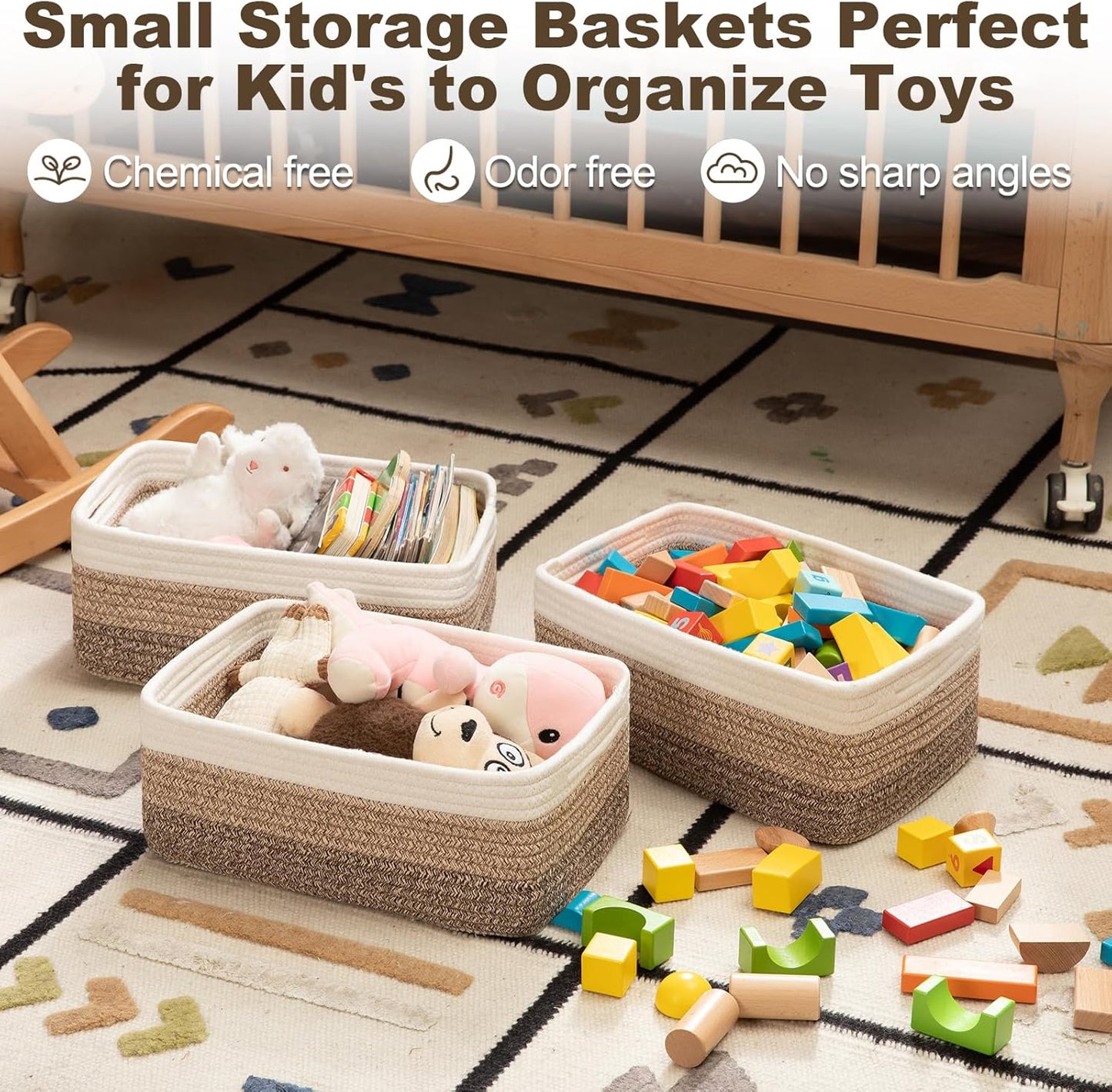 3 Pack Small Storage Baskets for Organizing, Cute Woven Decorative Gift Baskets for Shelves, Mini Closet Organizer Bins with Handles-13''Lx8.66''Wx5.11''H-Brown White