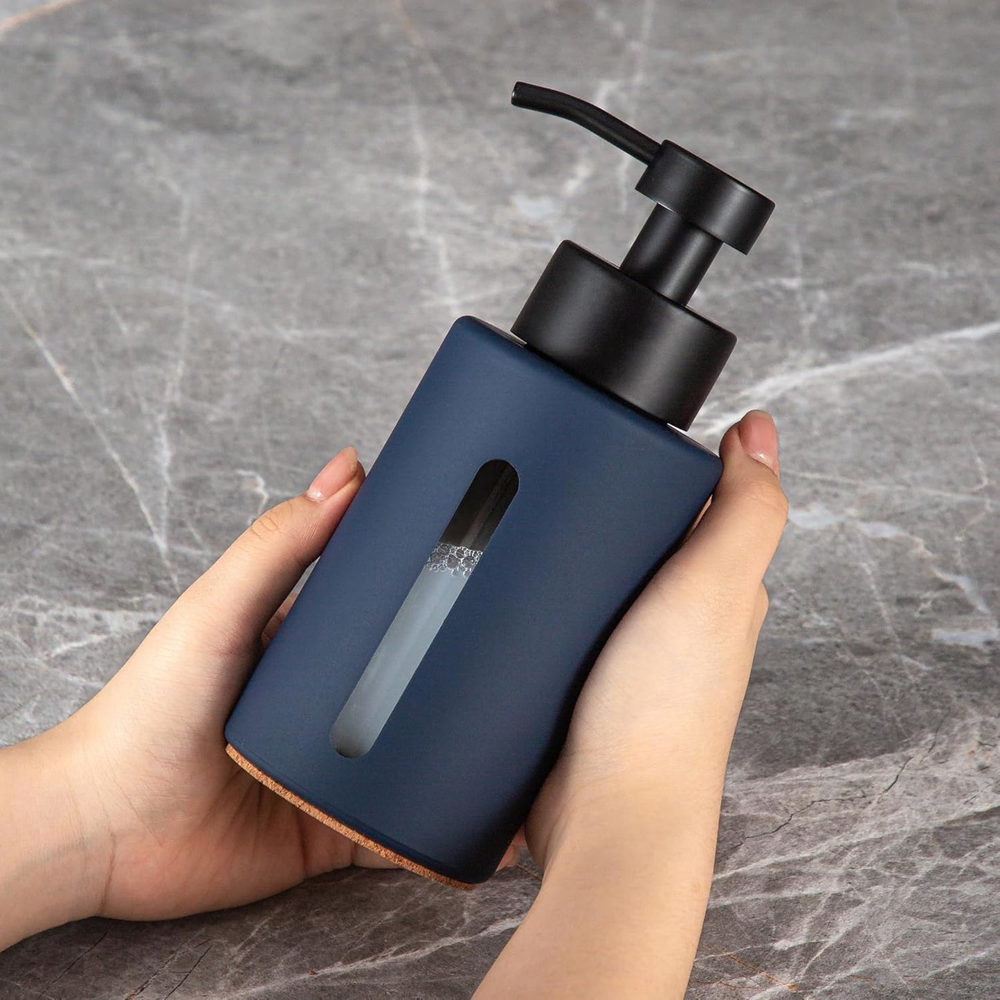 Enra Glass Hand Soap Dispenser,12oz Navy Blue Liquid Bathroom Soap Dispenser with Stainless Steel Lotion Pump for Bathroom Kitchen (Blue)