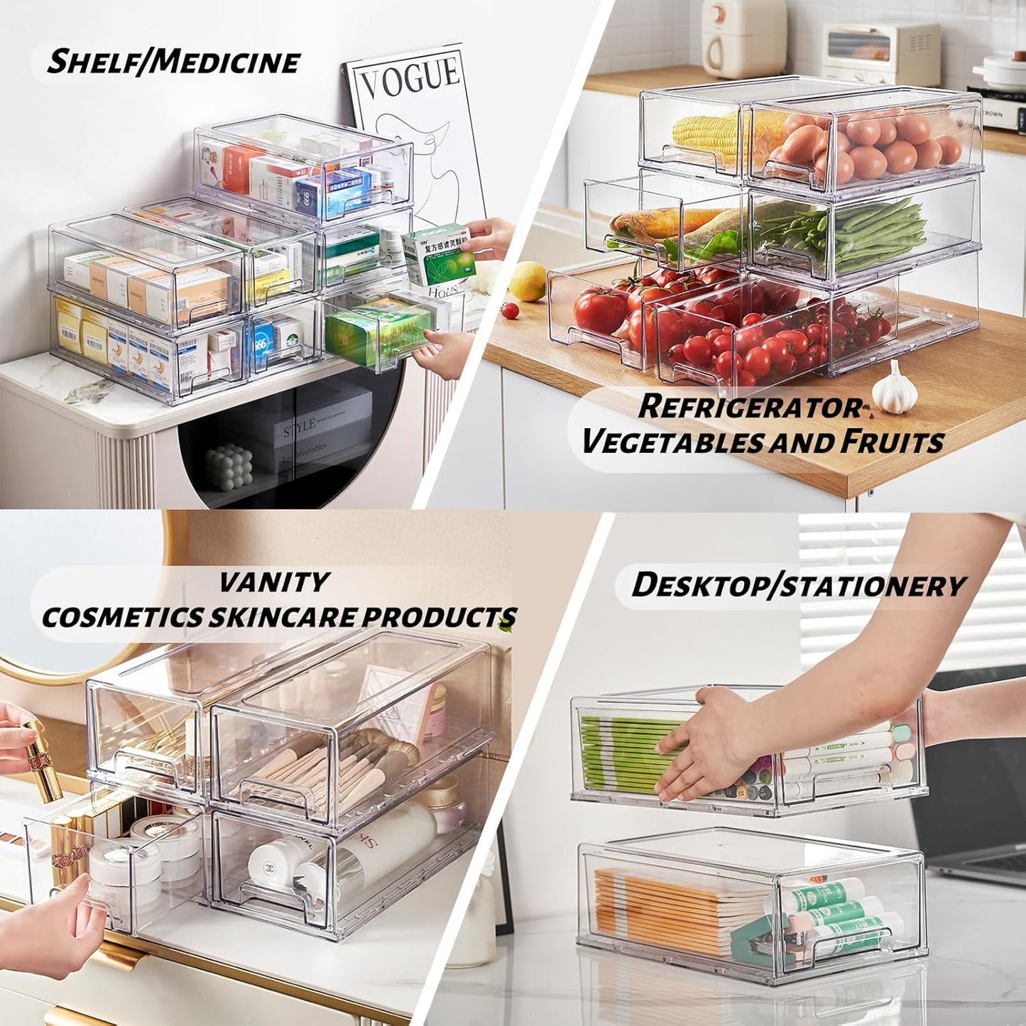 PeJeyiee Clear Stackable Refrigerator Organizers and Storage Drawers - Pull-Out Fridge Bins with Anti-Slip Base & Easy Clean, Plastic Organizers for Kitchen Pantry Cabinet Closet ﻿ (2XL)