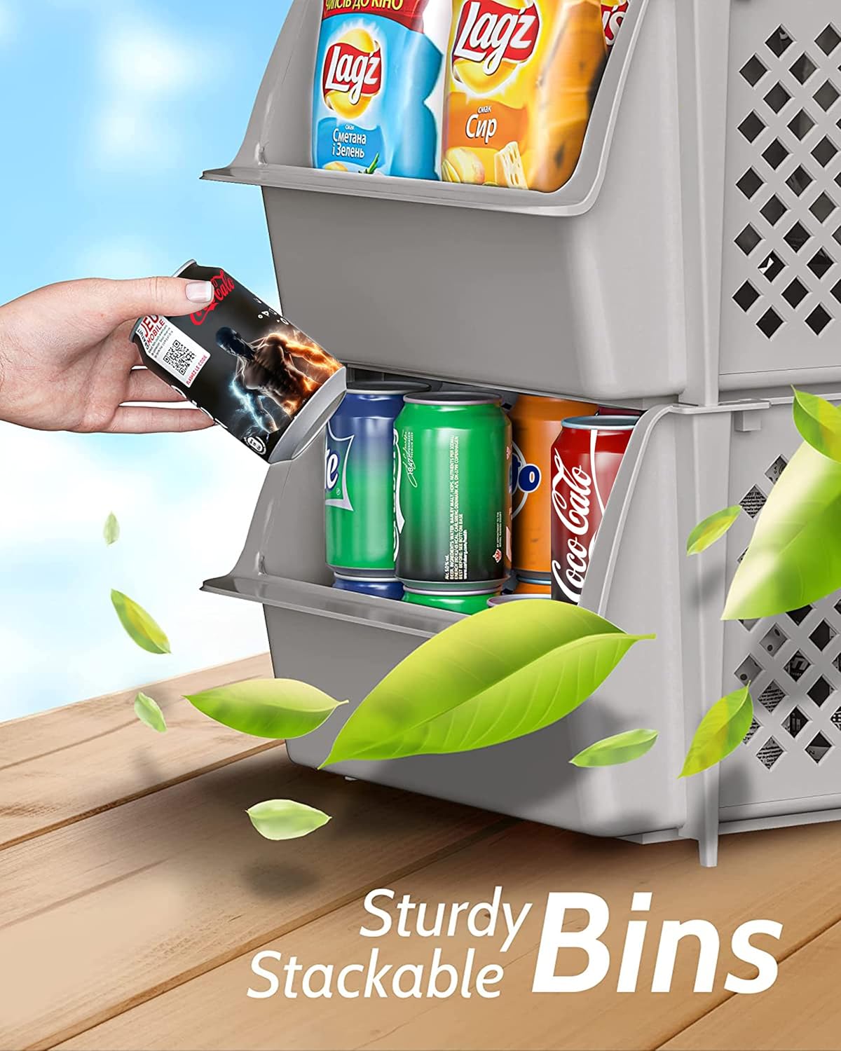 Skywin Plastic Stackable Storage Bins for Pantry - 2 Pack Stackable Bins For Organizing Food, Kitchen, and Bathroom Essentials (Light Grey)