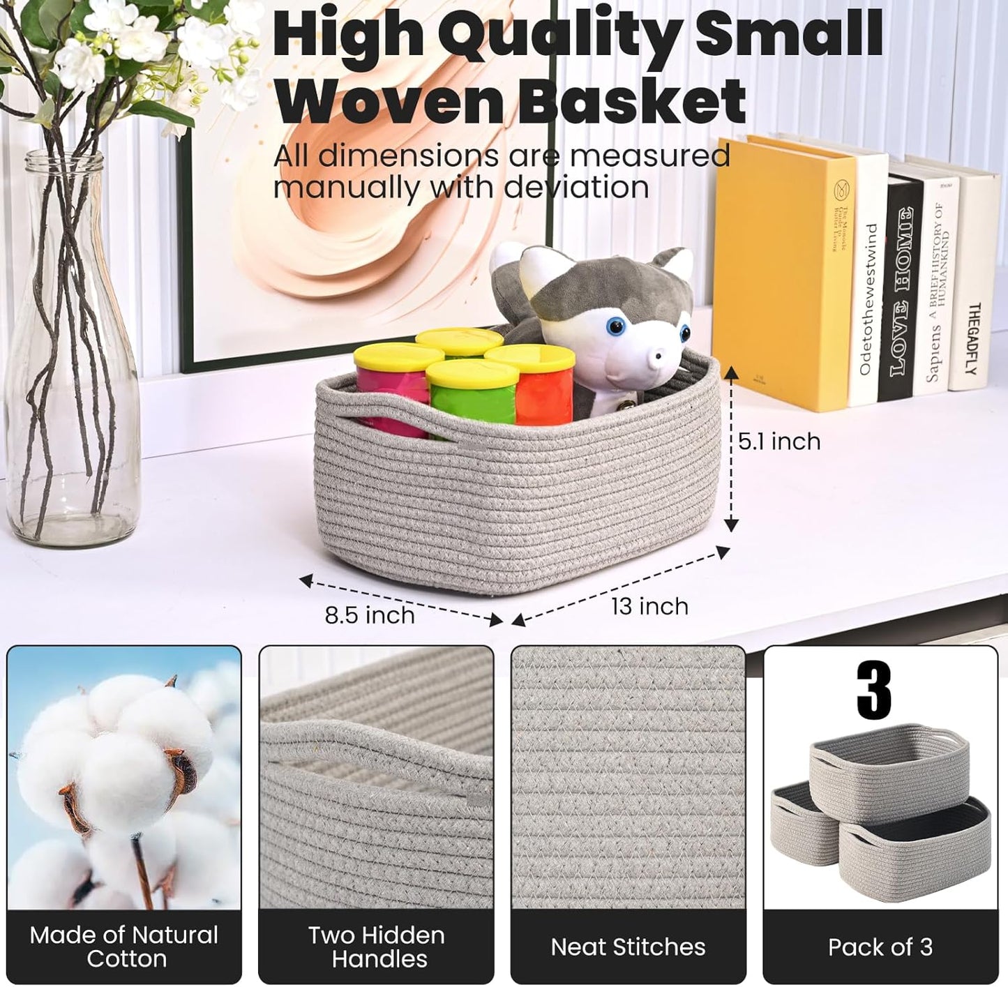 Small Grey Baskets for Organizing, Gray Storage Basket for Shelves, Woven Baskets for Storage, Small Organizer Basket for Décor Gifts, 13"×8.5"×5.1" (3 Packs) Grey