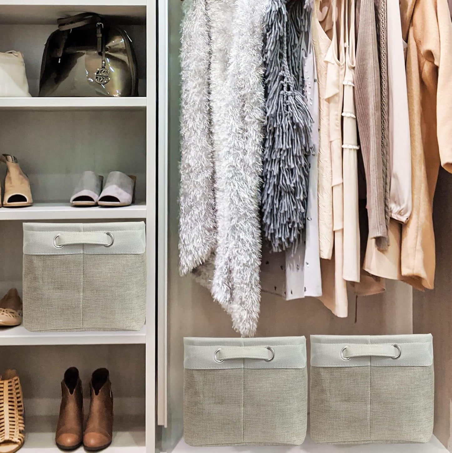 SIMPLE HOUSEWARE Large Fabric Storage Bin, 14.4" x 10" with Handles, 3-Pack, Foldable Organizer for Closet and Shelf, Beige