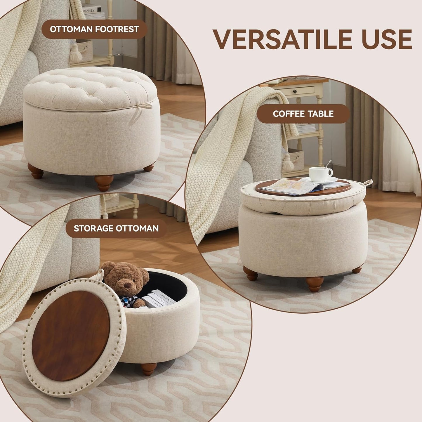 24Inch Round Storage Ottoman with Tray, Modern Tufted Fabric Circle Coffee Table with Storage, Upholstered Ottoman with Removable Top for Living Room, Bedroom, Khaki