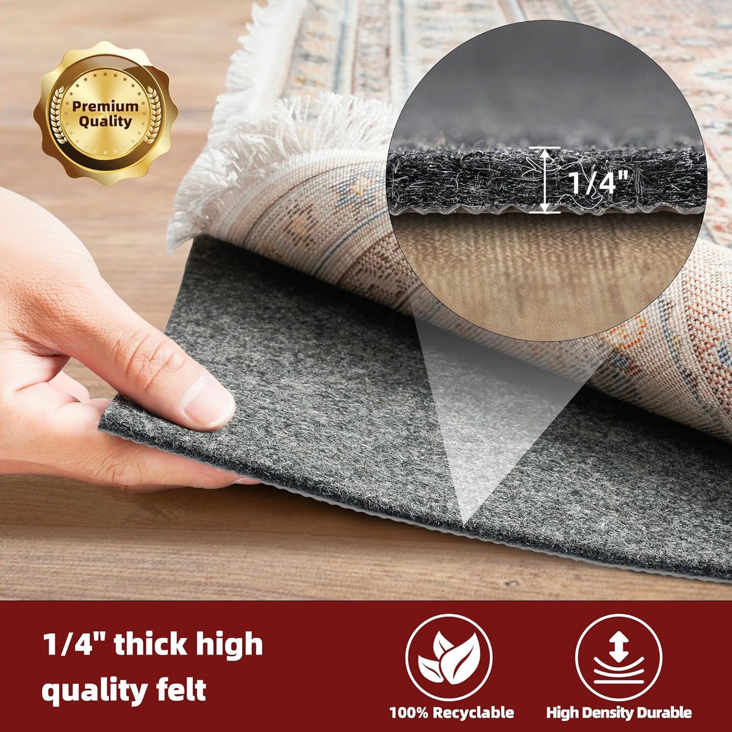 BAGAIL Felt and Natural Rubber Backing Rug Pads 1/4” Thick, Round 8 Ft Non Slip Carpet Gripper Keep Rugs in Place, Under Area Rug Protective Cushioned Pads, Carpet Runners, Hardwood Floors Protection