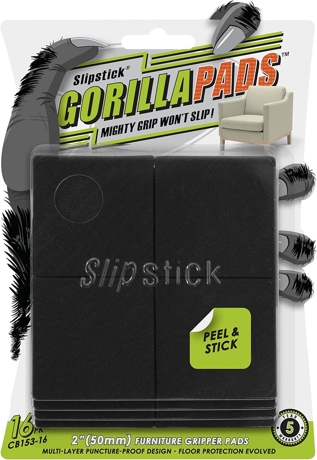 Slipstick GorillaPads Non Slip Furniture Pads/Gripper Feet Floor Protectors (Set of 16) Premium 2 Inch Square Self Adhesive Rubber Pads for Furniture Legs, Black, CB153-16