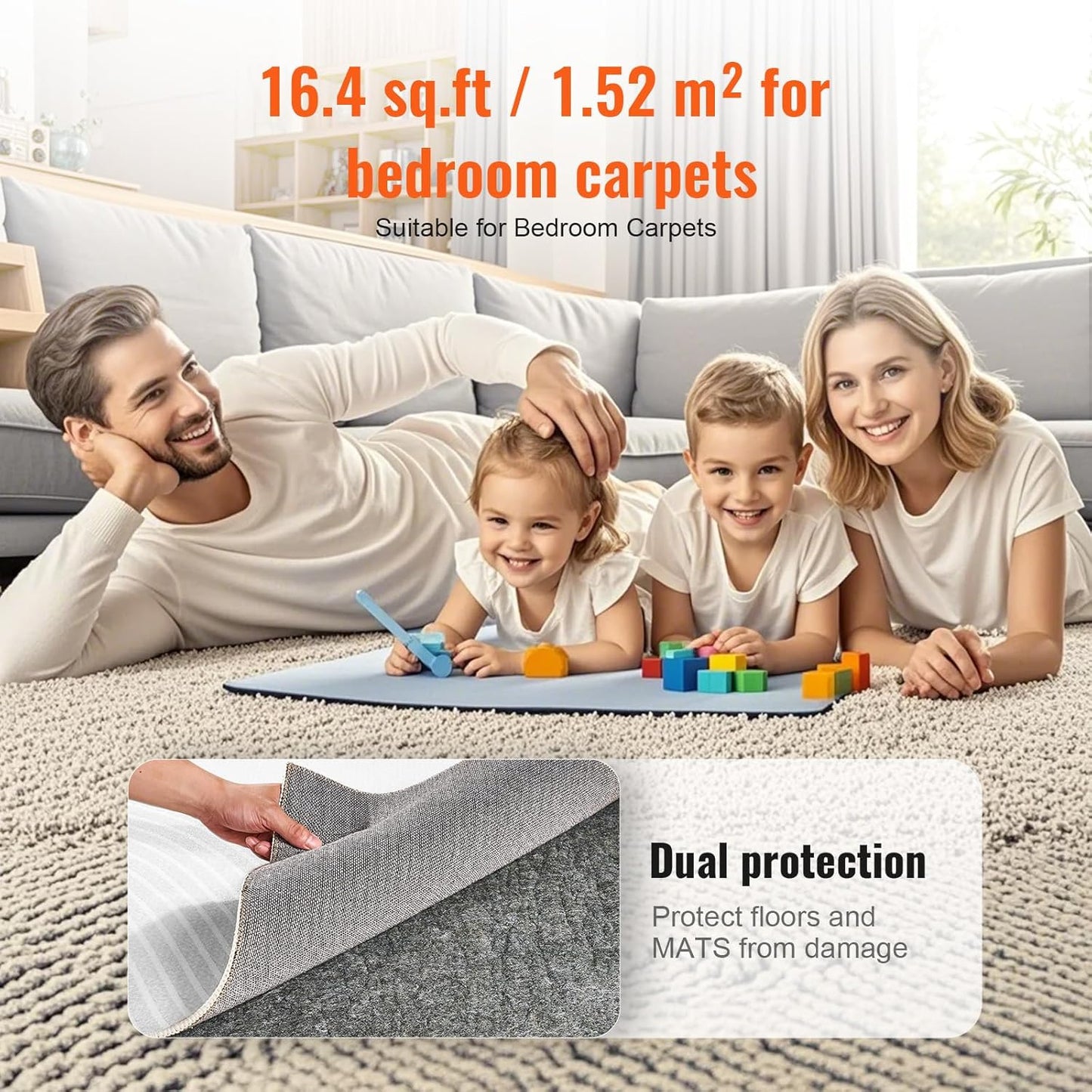 VEVOR Slip-Resistant Rug Pad, Protective Cushioning Carpet Pad, 2'x8' (7.87' Actual) - 1/4"Thick - Dual Surface - Polyester Felt + Latex, 1-2㎡ Area Carpet Padding Rug Cushion Safe for All Floors, Grey
