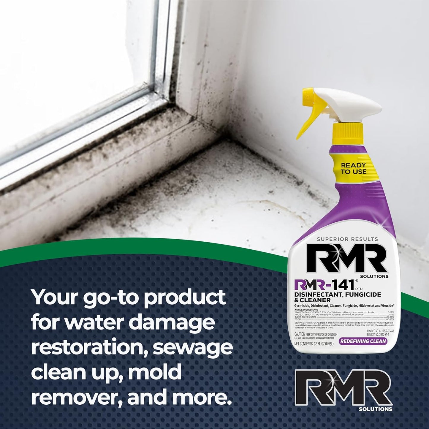 RMR-141 EPA Registered Mold and Mildew Killer, Eliminates Odors, Removes Mold, Mildew, Bacteria, and Viruses, 2-Pack of 32-Ounce Bottles