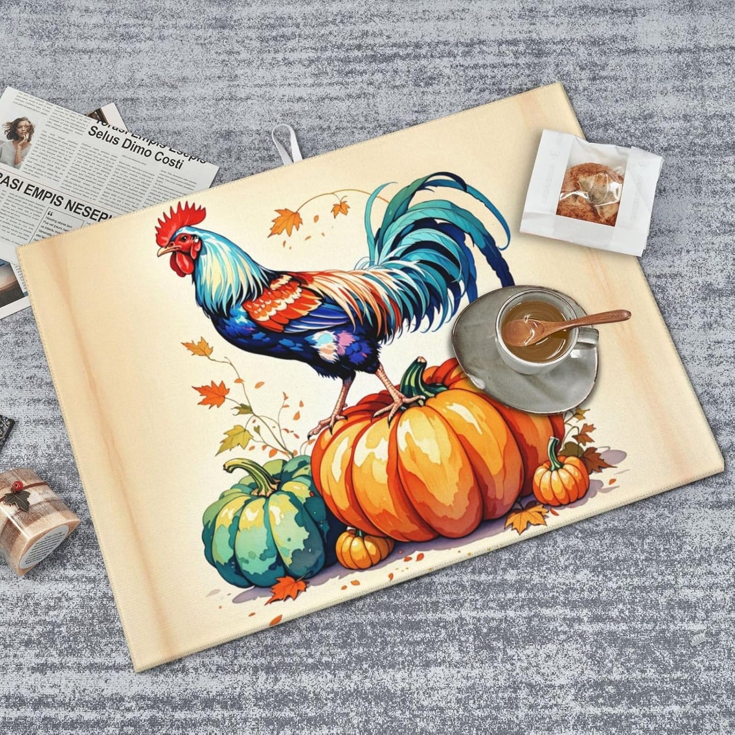 Rooster Pumpkin Dish Drying Mat Highly Absorbent Double-Sided Microfiber with Hanging Loop Reversible Drain Dish Rack Mat Drain Mat Suitable for Kitchen Countertop Coffee Bar 18 x 24 Inch
