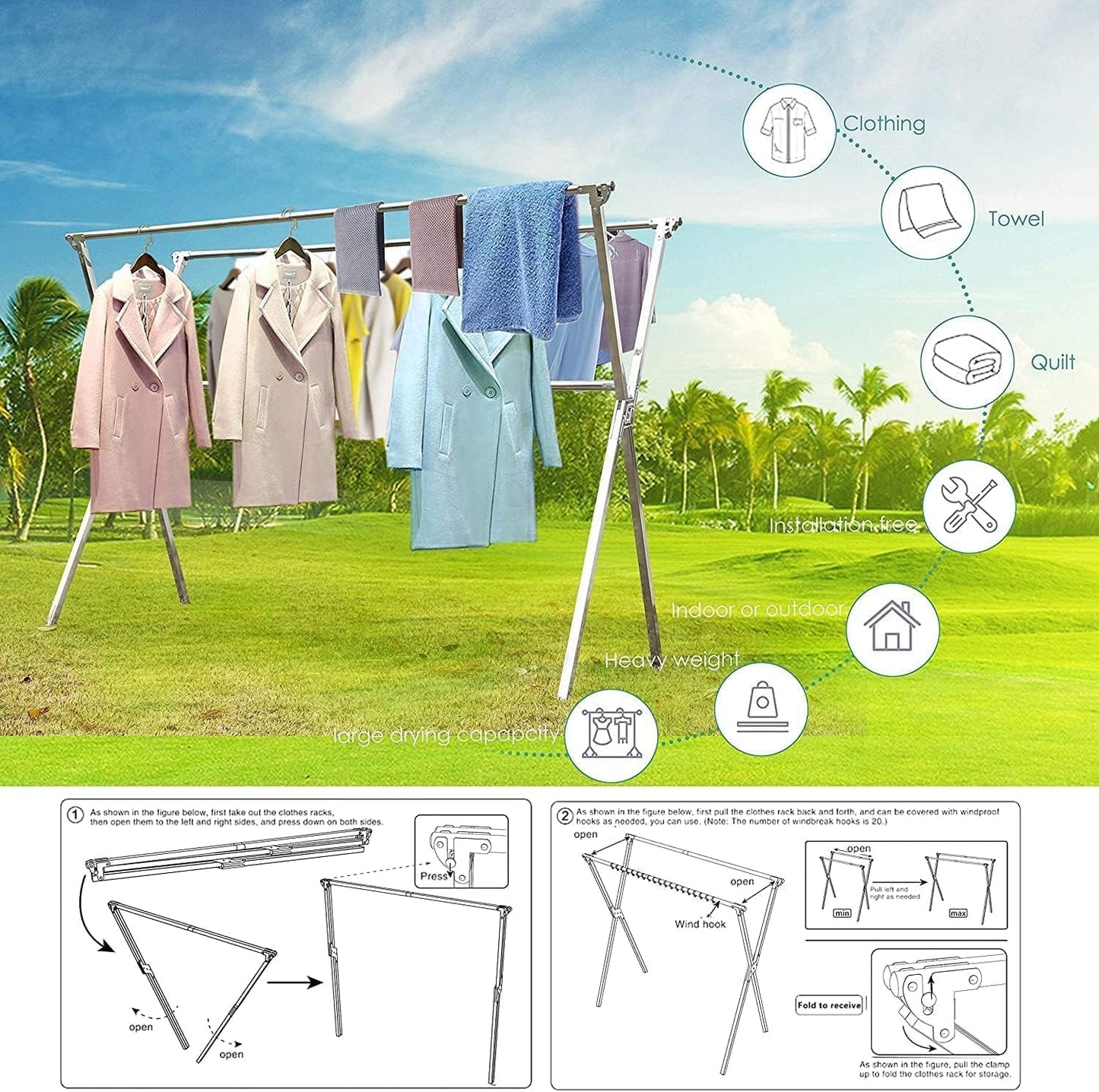 Clothes Drying Racks 81.5-83 Inches Folding Outdoor Indoor Drying Rack Clothing Collapsible Foldable Laundry Drying Rack Heavy Duty Stainless Steel Clothesline 20 Hooks 12 Clips (83'')