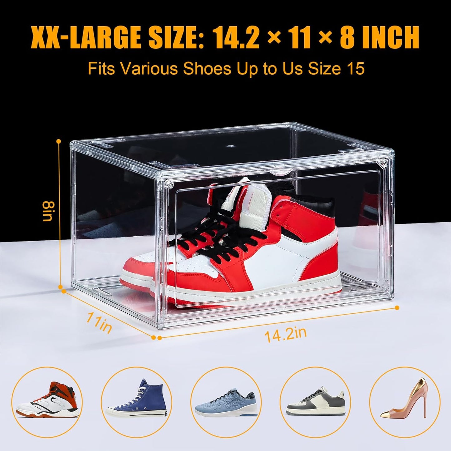 NYZE 12 Pack Acrylic Shoe Boxes Side Open, Clear Shoe Box Plastic Stackable, Shoe Storage Organizer with Magnetic Door, Shoe Display Shoe Containers with Lids Fits Up to Size 15