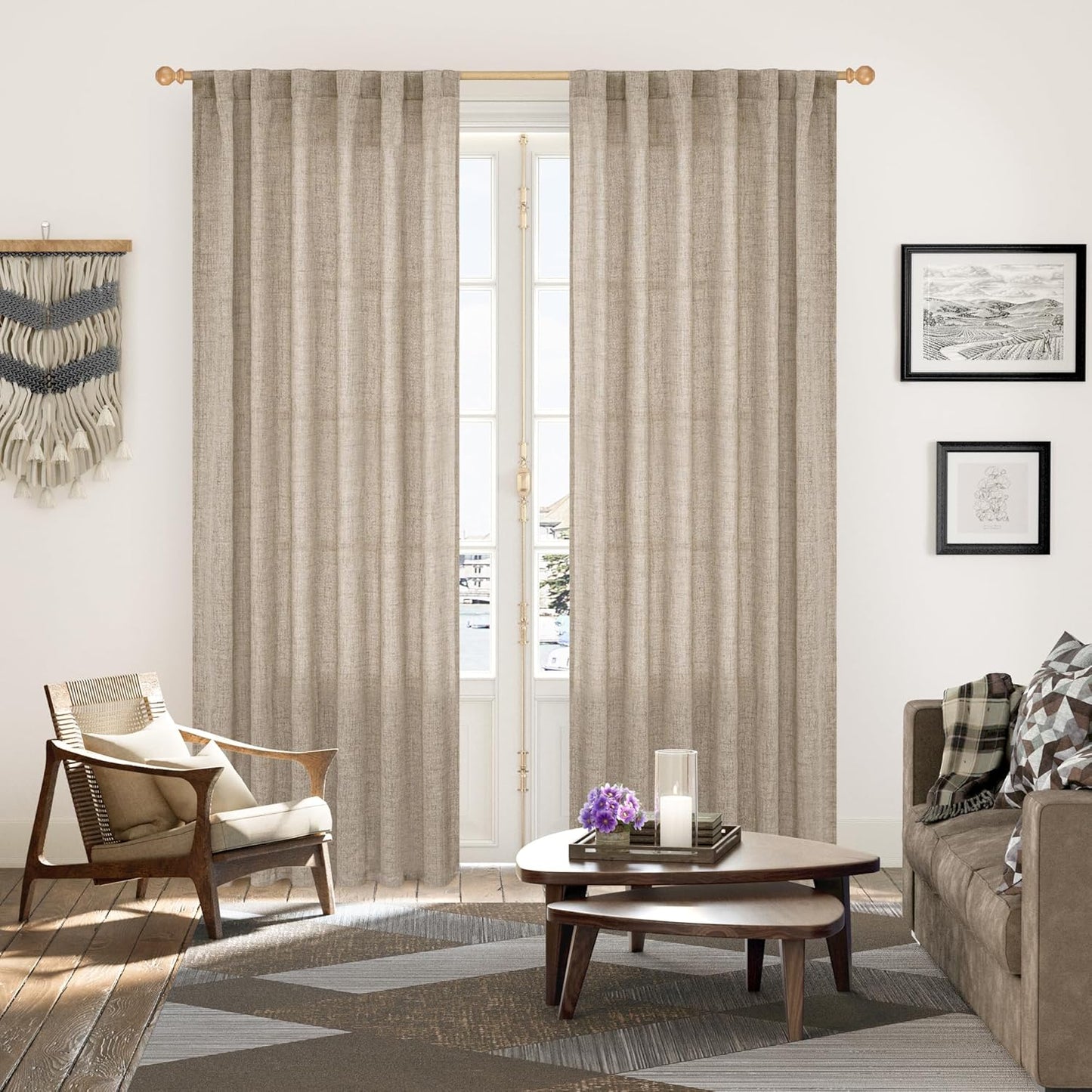 YoungsTex Dark Oatmeal Linen Semi Sheer Curtains 80 Inch Length for Living Room, Light Filtering Window Treatments Drapes with Rod Pocket Back Tab for Bedroom, 2 Panels, 52 X 80 Inch