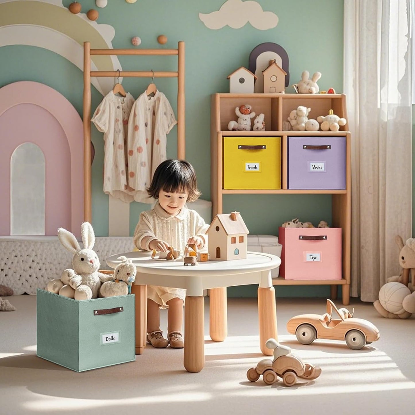 DECOMOMO Storage Baskets, 13x15x13 Storage Cube Bins with Labels for Organizing Shelves Kallax (Kallax / 4pcs, Rainbow)