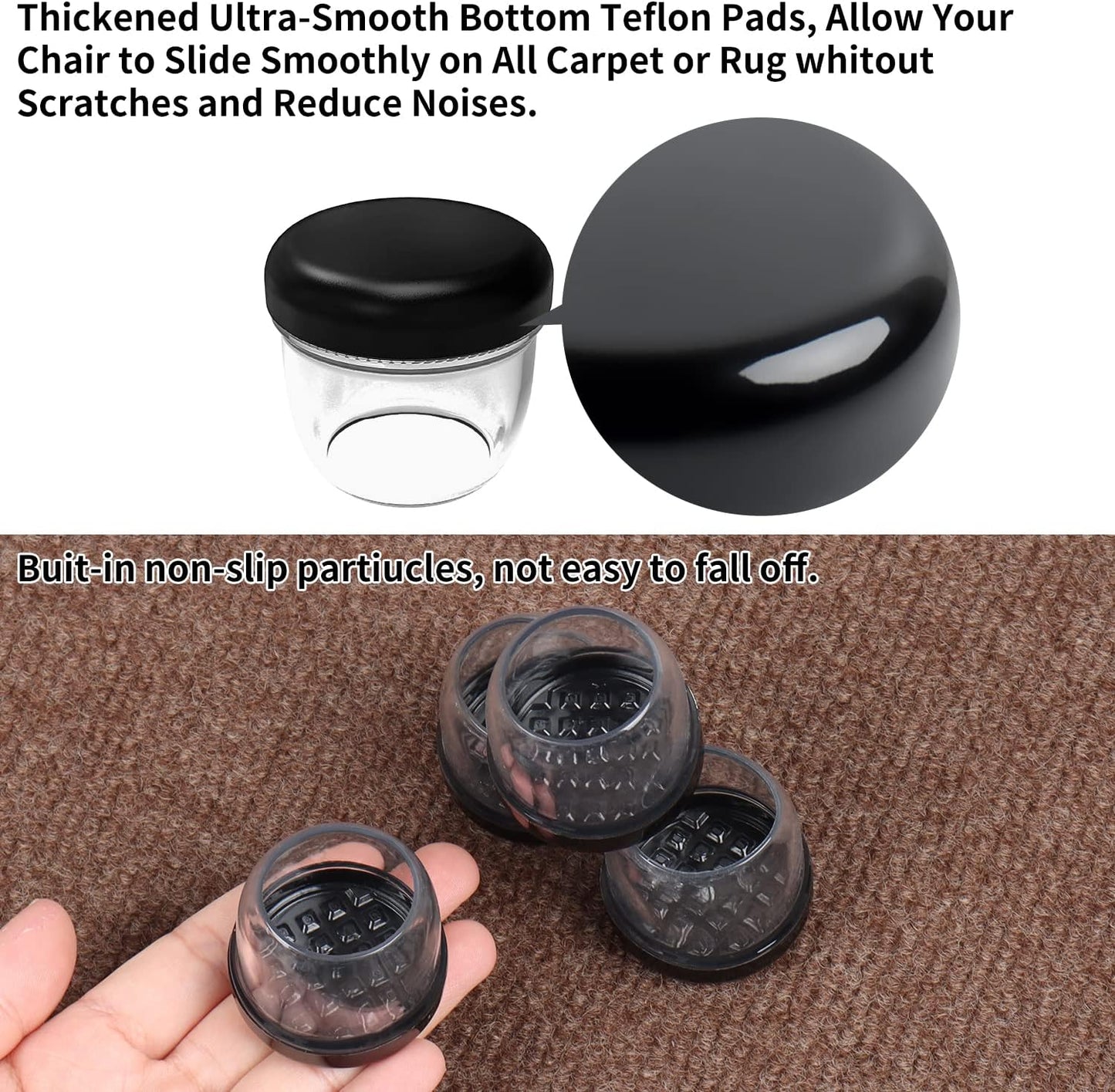 Ezprotekt 24 Pcs Clear Chair Leg Sliders for Carpet, Round Teflon Furniture Glides for Rug, Carpet Sliders Protectors Caps for Dining Table Chair, Bar Stool Legs (L Fit: 1-1/10" to 1-3/10")