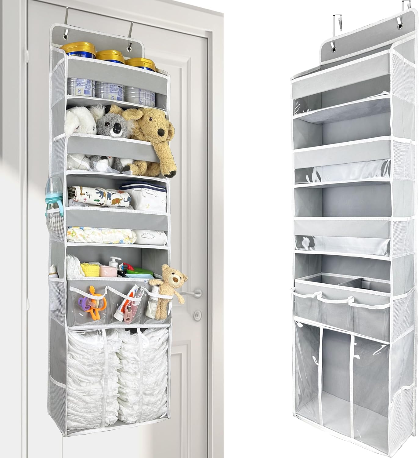 Door Hanging Storage Organizer,with 3 Bins 1 Movable Baby Diaper Caddy,1 Large capacity diaper stacking storage Organizer,10 Side Pockets ,Bedroom Door Storage for Nursery Baby Essentials.Grey 1 Pack.