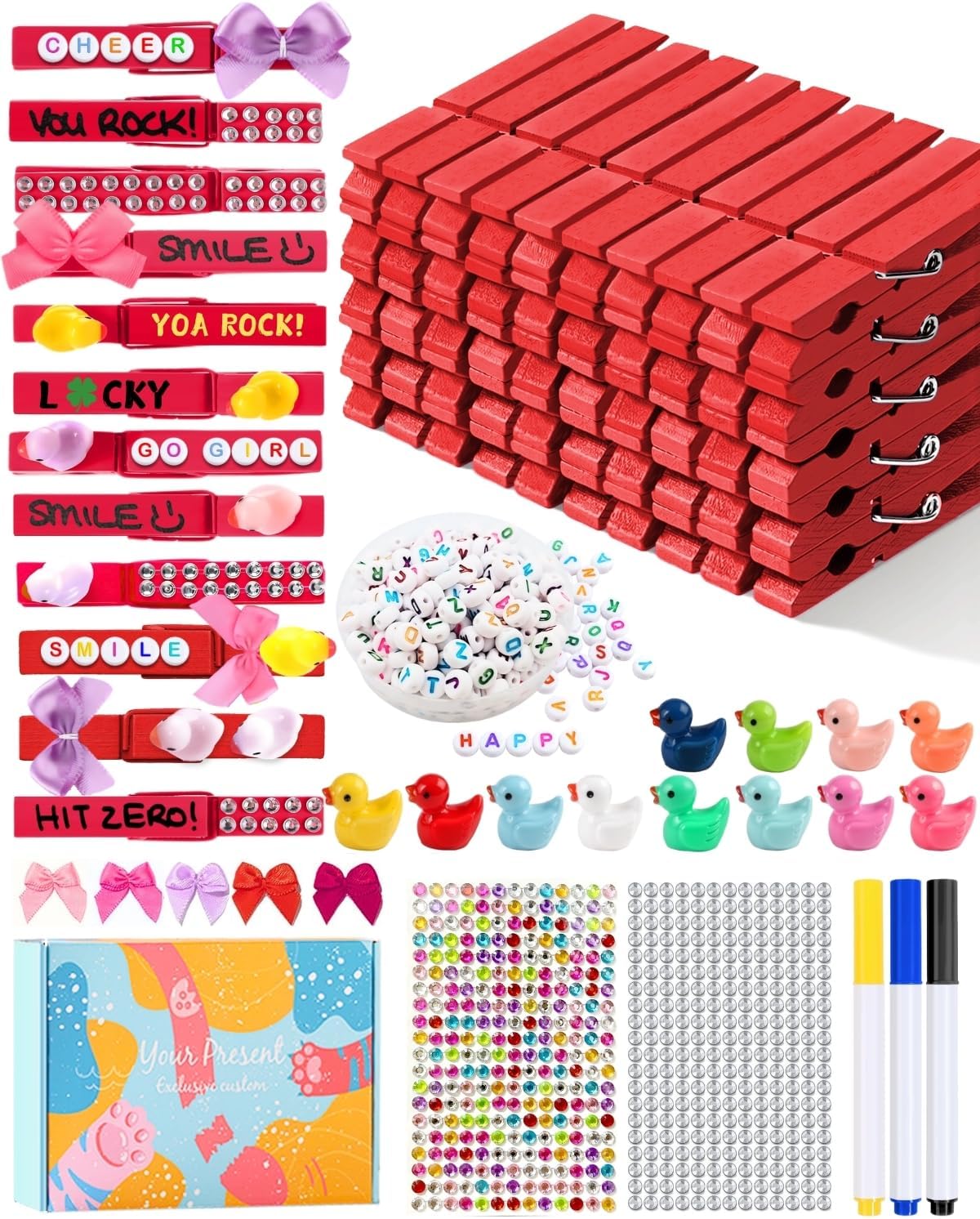 Cheer Pins for Backpack Cheer Stuff Kit 70 Red Colored Clothes Pins with Mini Resin Ducks Bows Letter Beads Team Cheerleaders Gifts Bulk Pin Me Ribbon for Bag Decorations Competition Spirit Clips