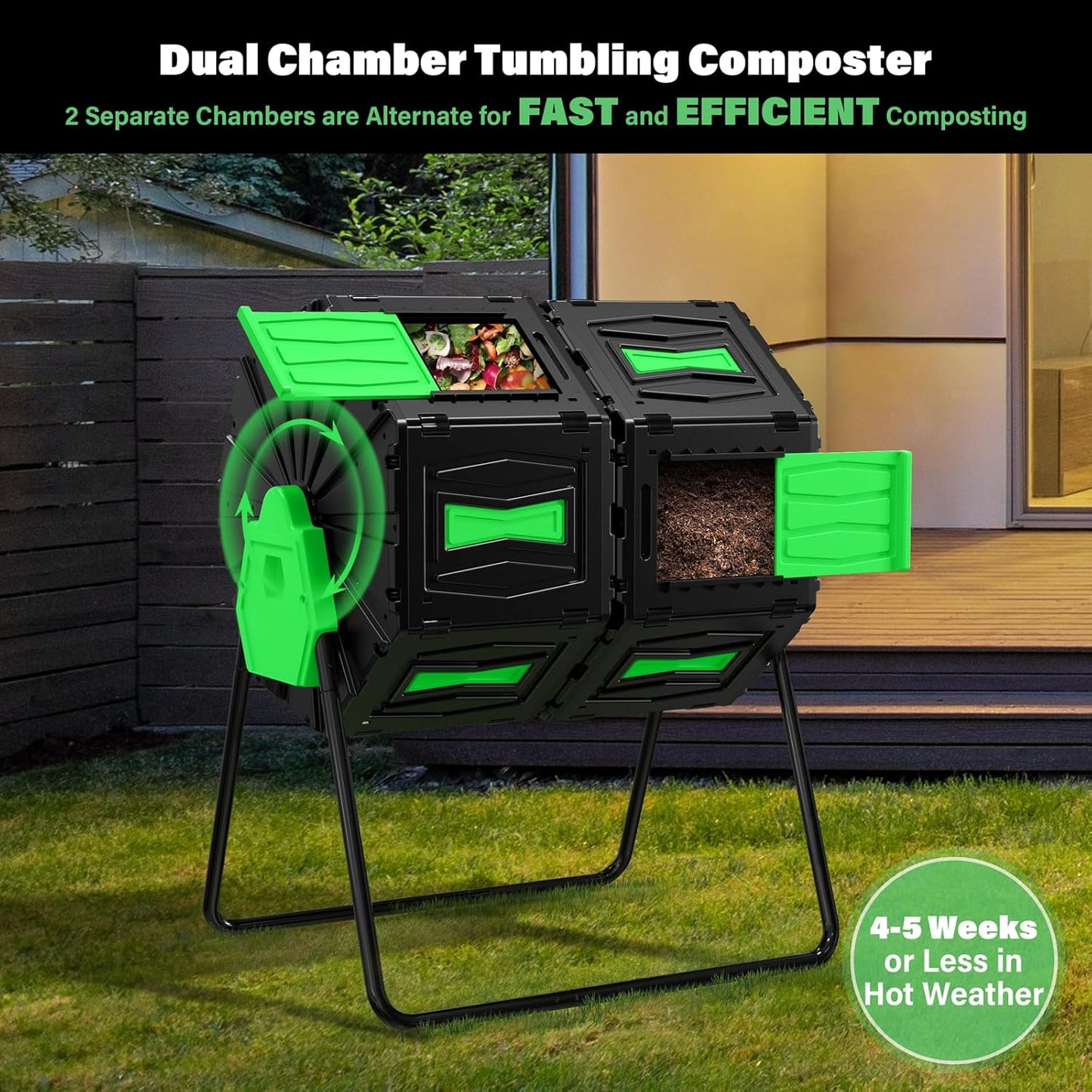 Compost Tumbler, Easy Assemble & Efficient Outdoor Compost Bin, 45 Gallon/170 Liter Large Dual Chamber Rotating Composter for Garden, Kitchen, and Yard Waste, Green Door