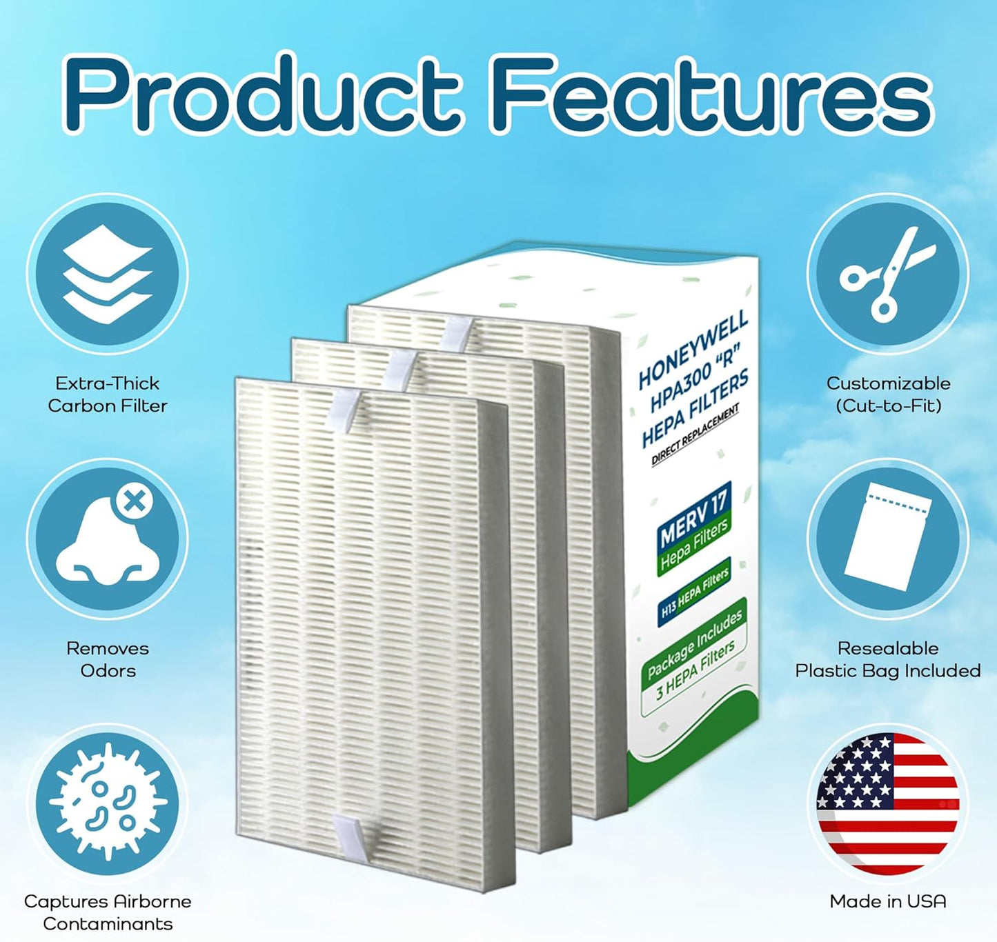 Breathe Naturally "R" Replacement Air Filters Compatible with Honeywell Air Purifier HPA300, HPA200 and HPA100 Series - True Honeywell HEPA Filter for Home Purifiers -7.5"x10.25"x1.5" (3 HEPA Filters)