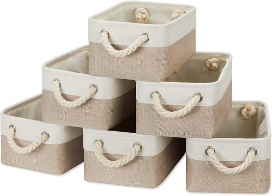 Temary Small Fabric Storage Baskets 6 Pcs Decorative Baskets Bins for Gifts Empty Foldable Storage Basket with Handles for Organizing Shelf, Towels (White&Khaki,11.8 L x 7.9 W x 5.3 H inches)