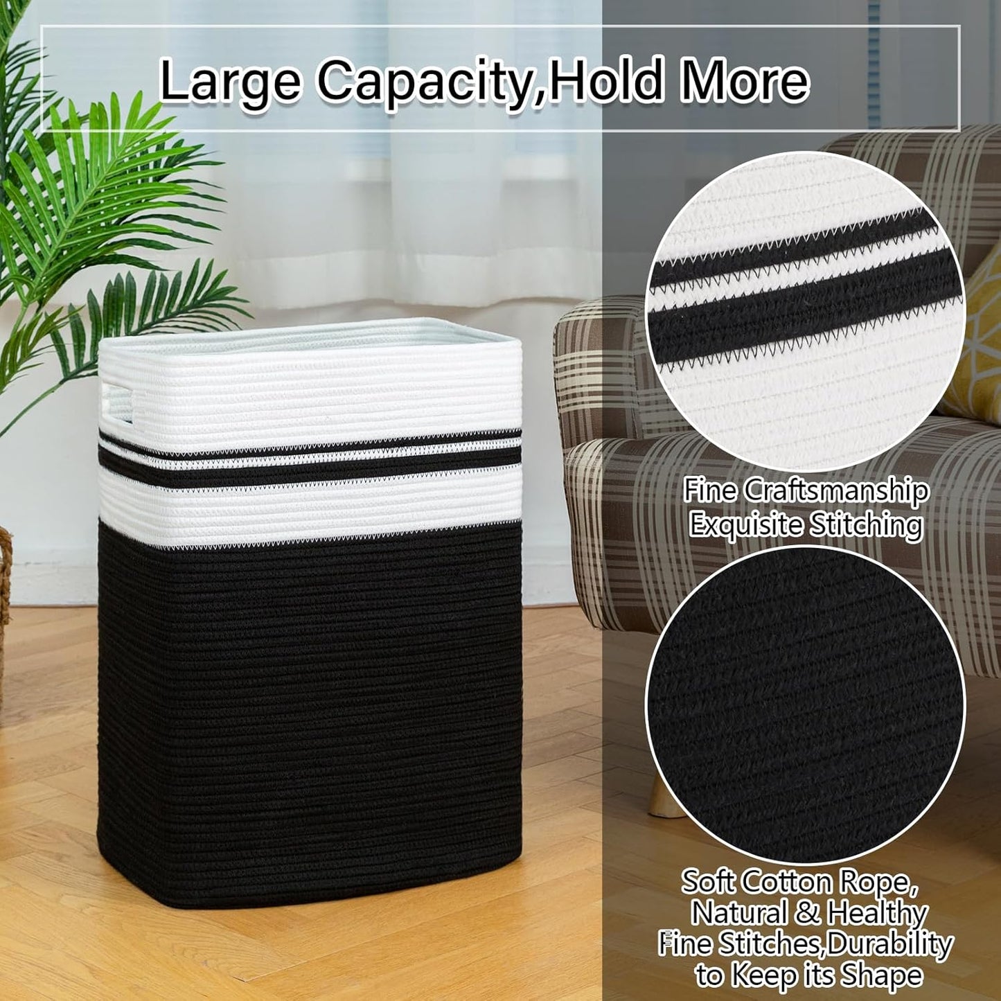 OIAHOMY 91L Laundry Hamper, XXXLarge Laundry Basket, Collapsible Cotton Rope Basket,Woven Storage Basket for Blankets,Clothes,Pillows-16x15x24-Black&white