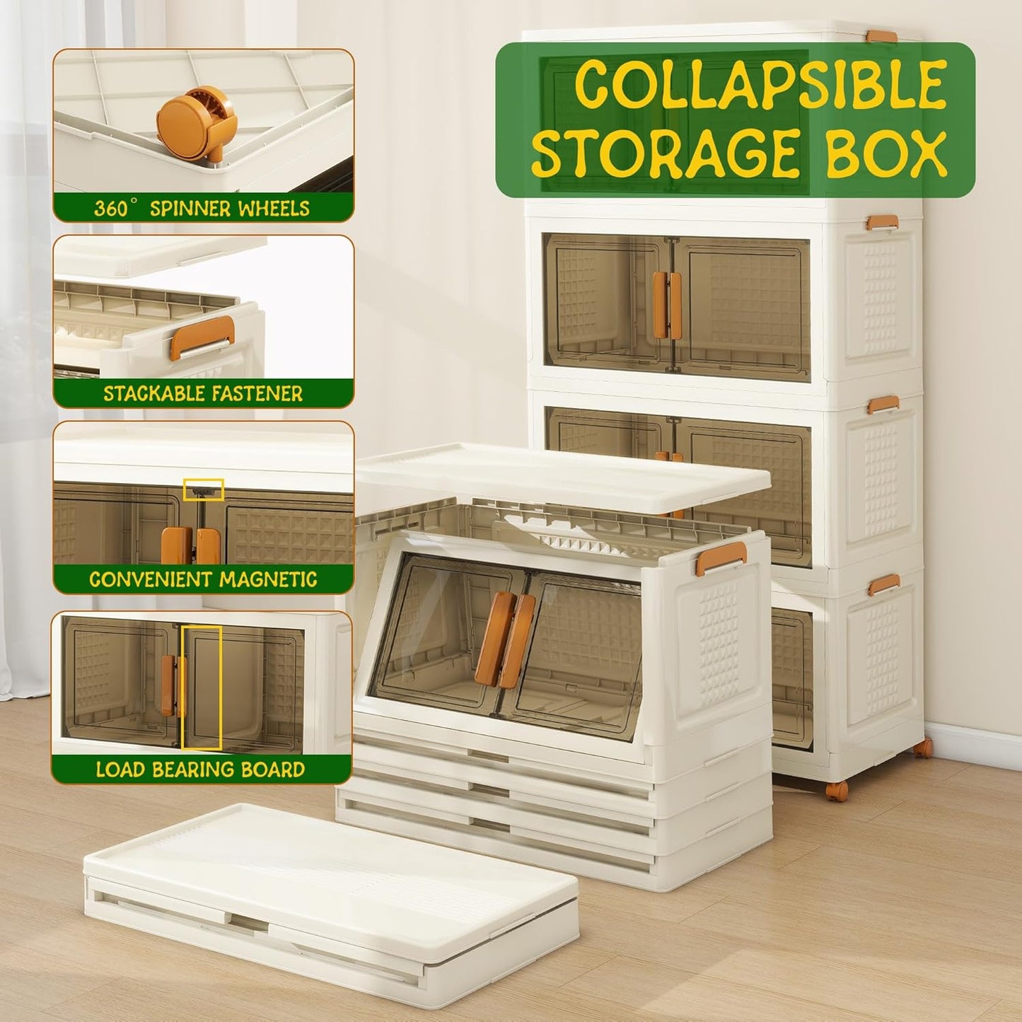 4 Tier Extra Large Stackable Storage Bins with 1 Lid 155 QT/Tier, Collapsible Plastic Box Storage Bin with Wheels, Home Containers Boxes Closet Organizers for Living Room, Office, Dorm